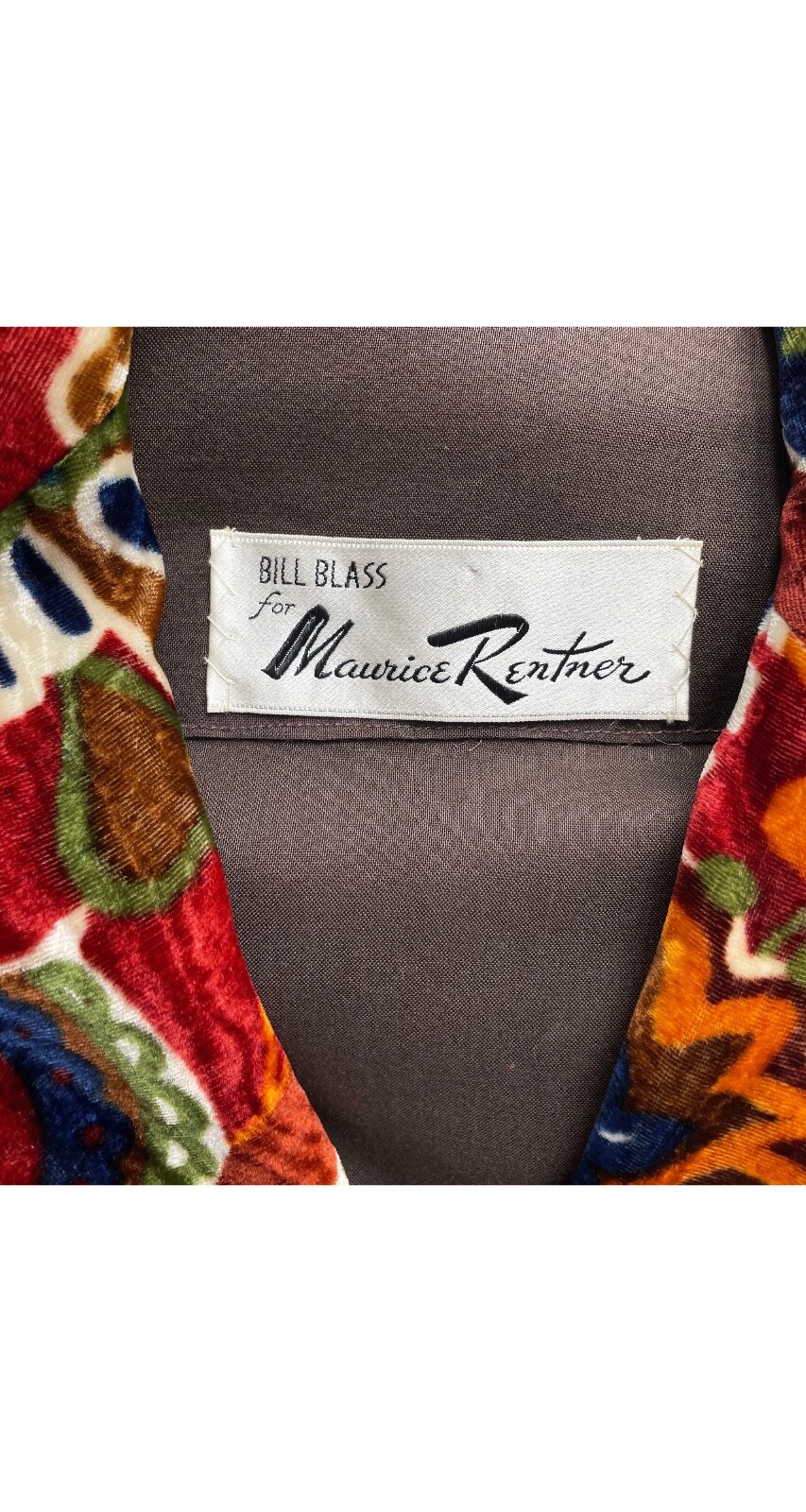 Bill Blass Maurice Rentner 1960s Vintage Printed Velvet Pointed Collar Dress XS