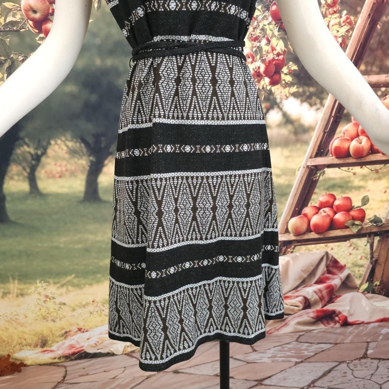 Brown Knit Black Sleevless Gown Mock Neck 1960s Vintage Nordic Sacony Dress