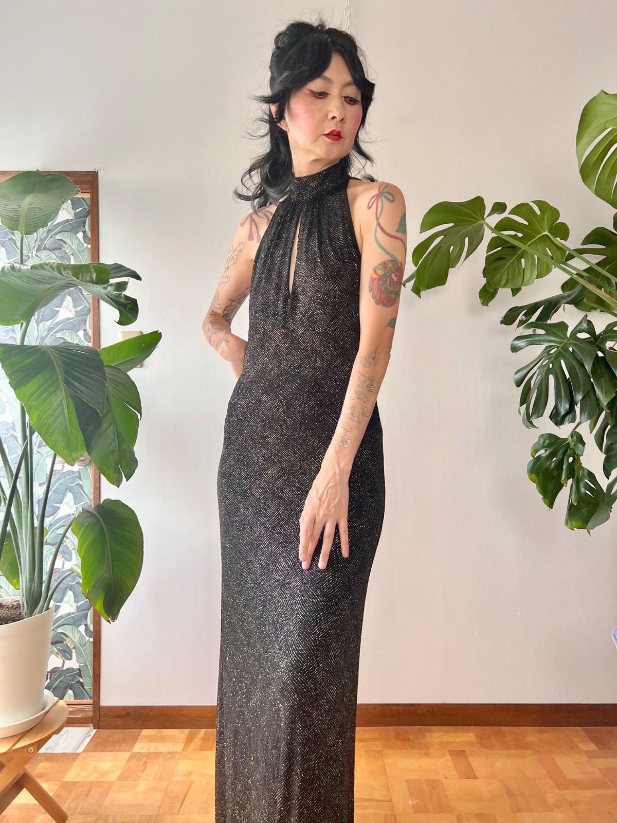90s Does 70s Caché Open Back Black Glitter Keyhole Halter Maxi Dress Disco Gown