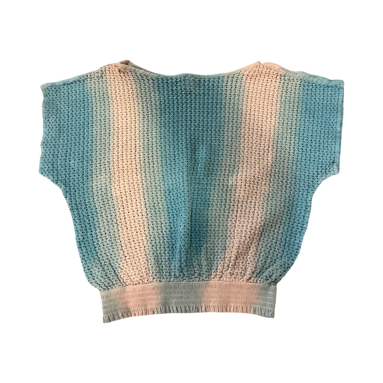 Vintage Striped Crochet Knit Smocked Waist Top Teal Peach Blue Short Sleeve S