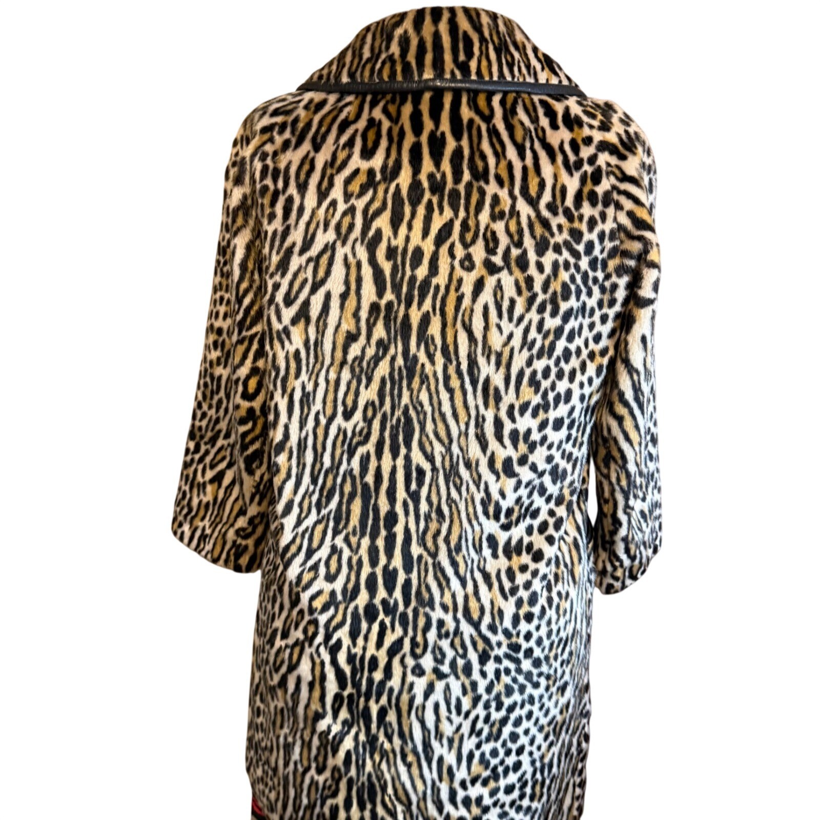 Vintage Safari Sportowne Leopard Faux Fur Coat Double Breasted Animal Print L