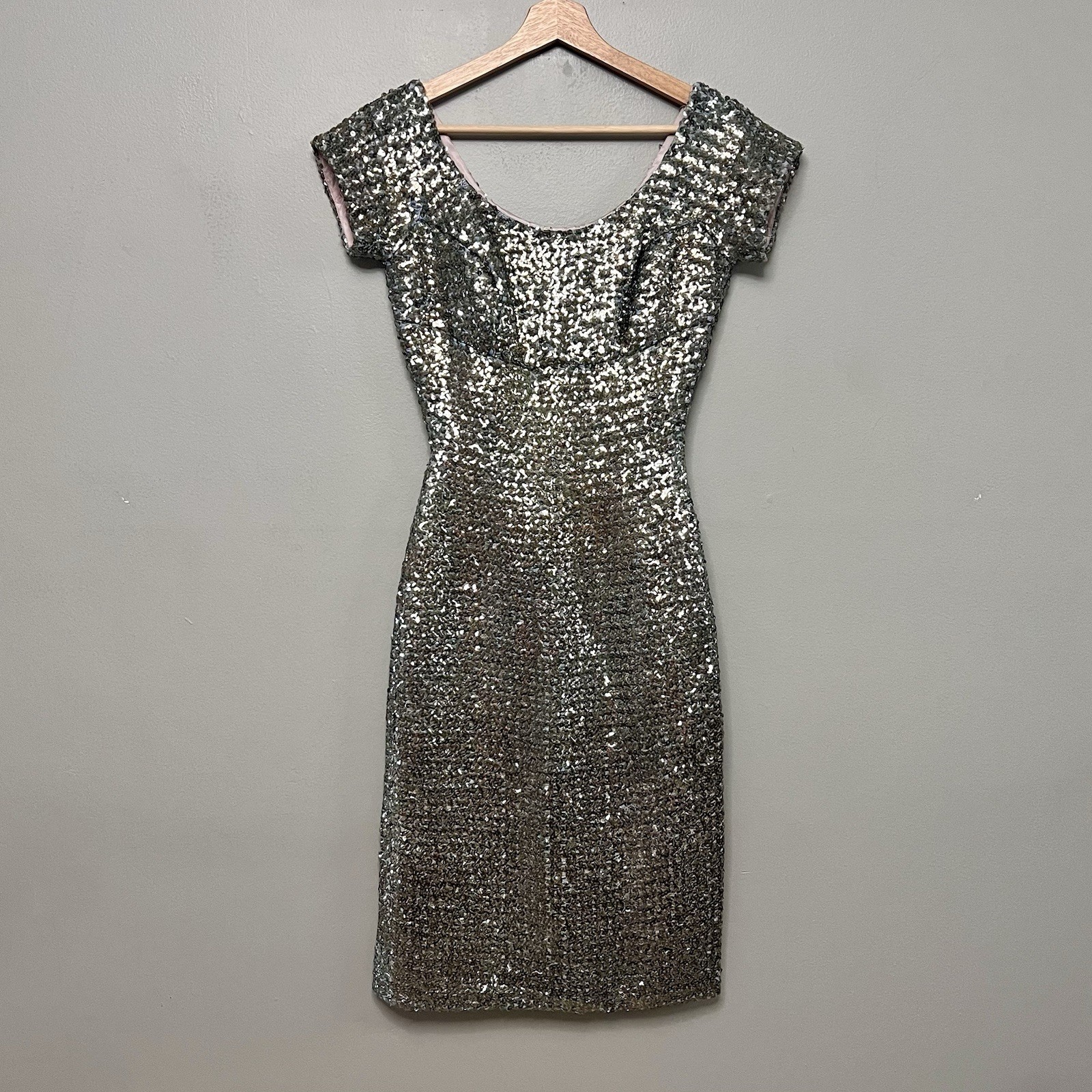 VTG 40/50s Raynor Hand Sewn Silver Sequin Midi Cocktail Dress Pin Up Heavy