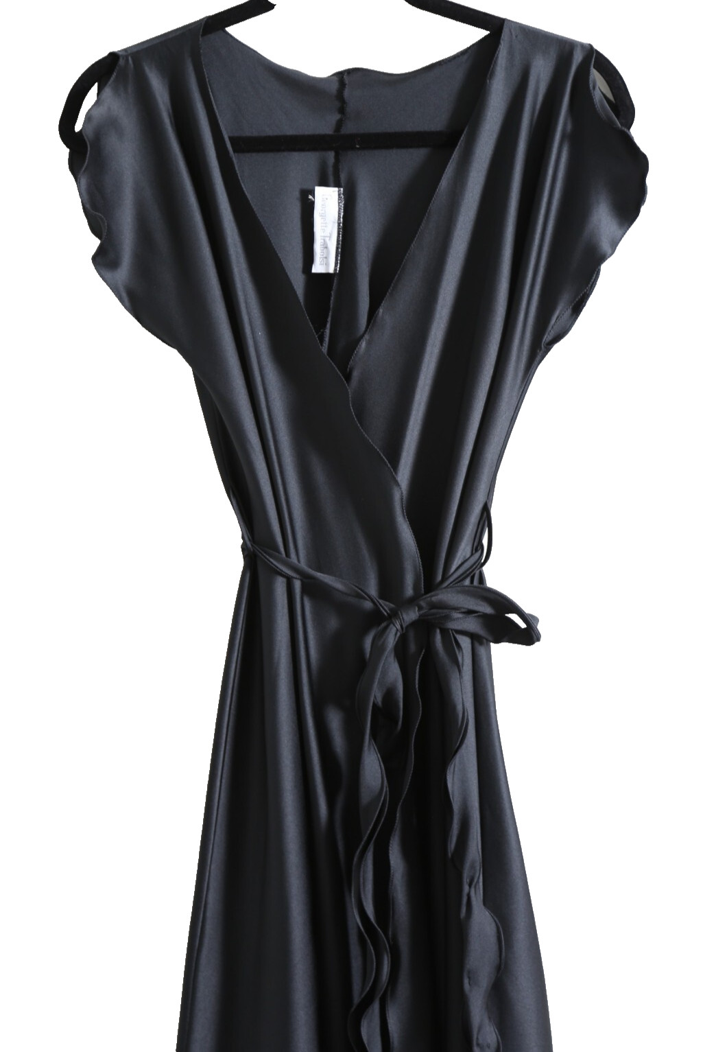 Georgette Trabolsi Womans Vintage Black Satin Wrap Dress Robe Whimsy Witchy Goth