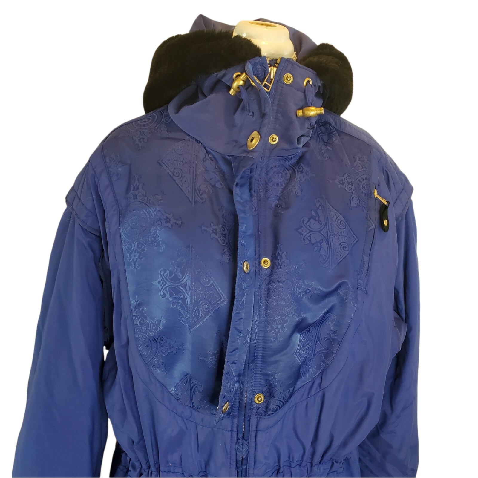 VTG Obermeyer Ski Coat Hooded Blue Puffer Sz M/L Cinched