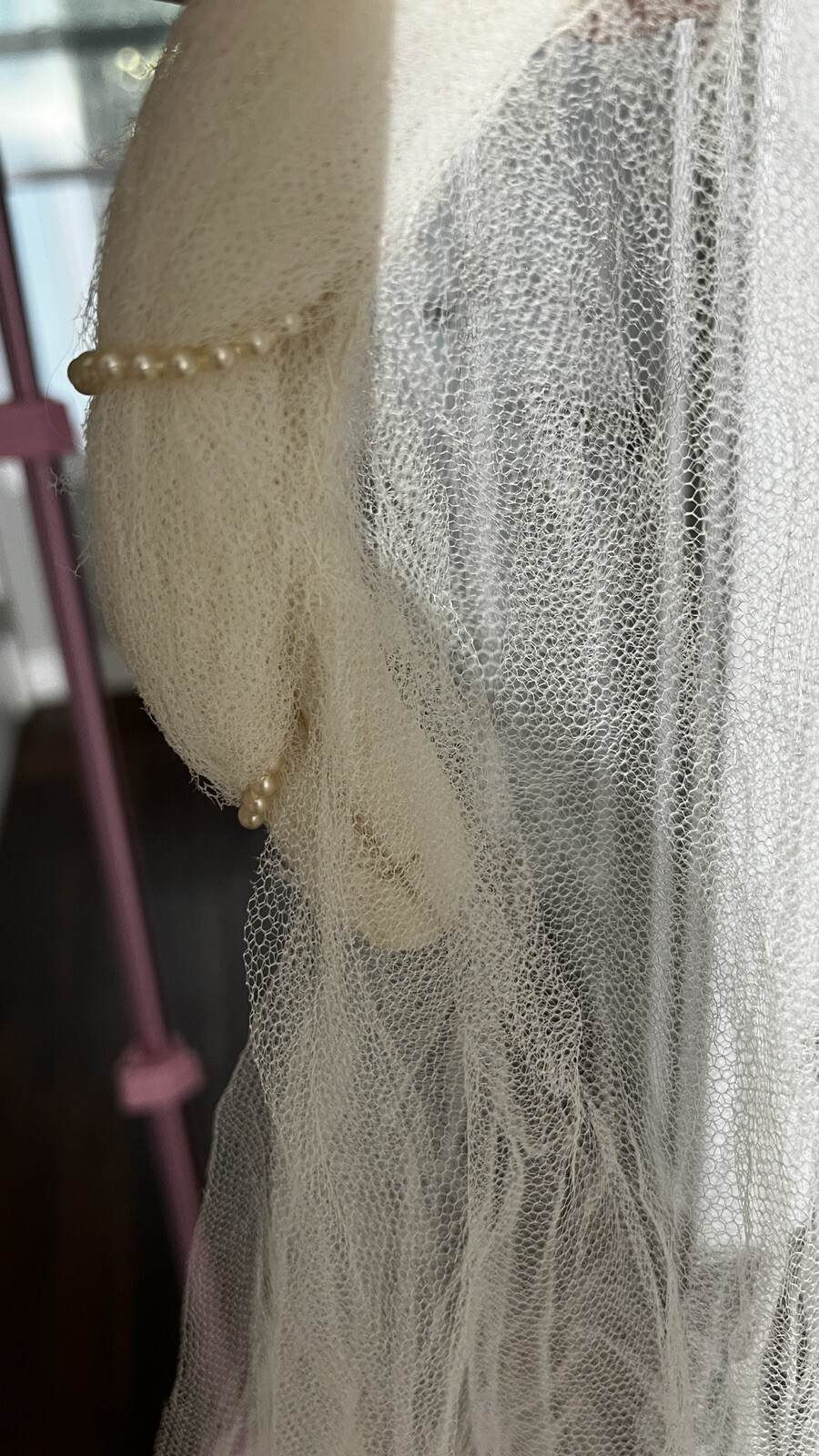 Vintage 30s 1940s White Rolled Mesh Net Pearl Wedding Headband Bridal Headpiece