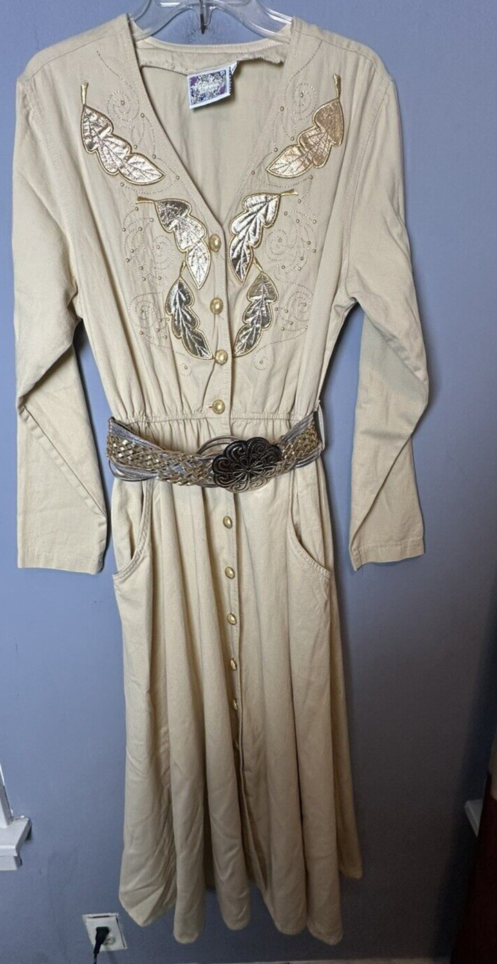 Vintage MONIQUE Fashions 70’s Dress Sz 10 Beige with metallic embroidery rodeo