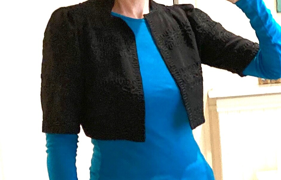 Chic Vintage 1950s Black Bolero Crop Jacket Sz Small w/ tape embellishment