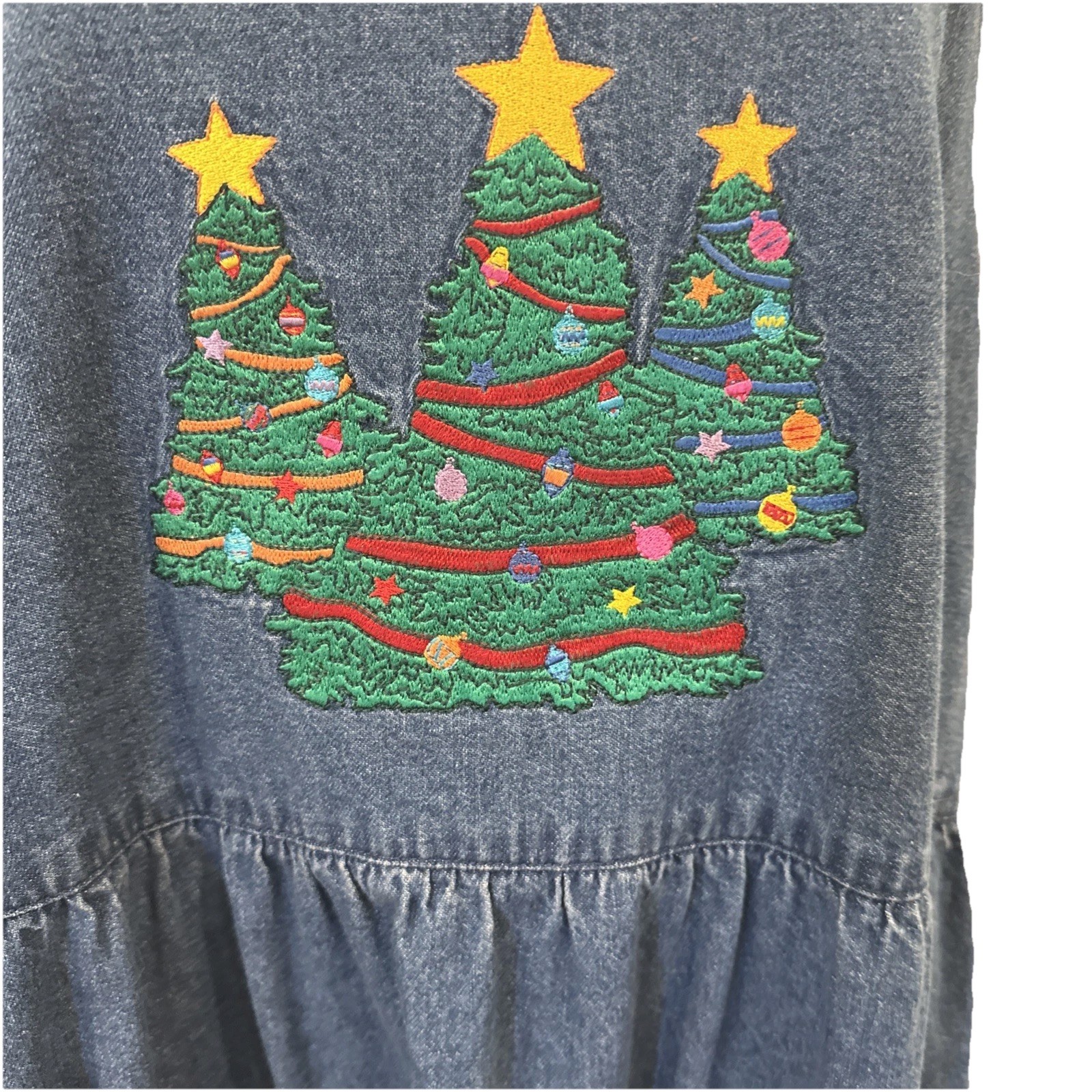 VTG Westbound Denim Christmas Holiday Embroidered Pockets Maxi Jumper Dress XL