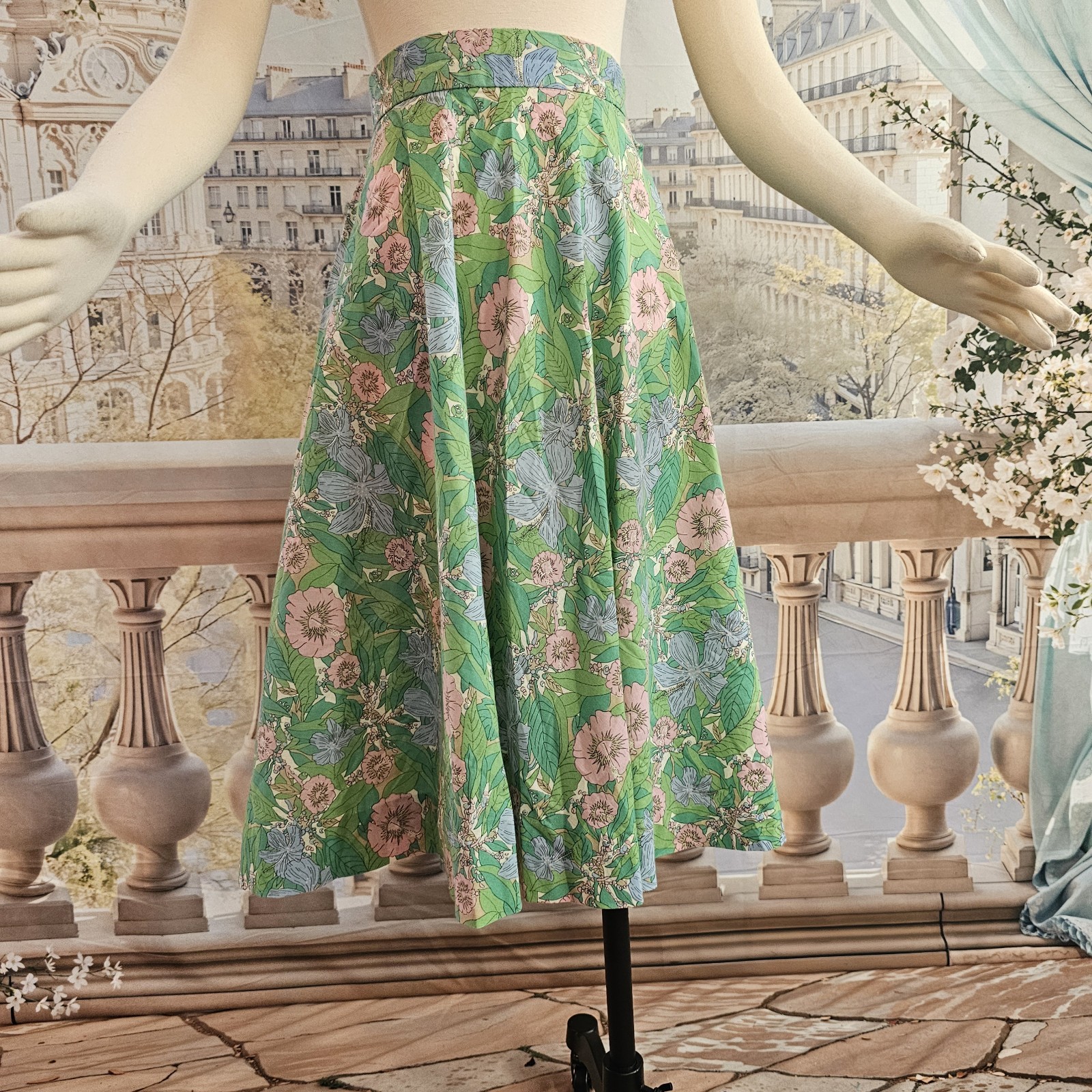 Vintage 1960’s Skirt Midi Skirt Green Pink Blue Floral Retro