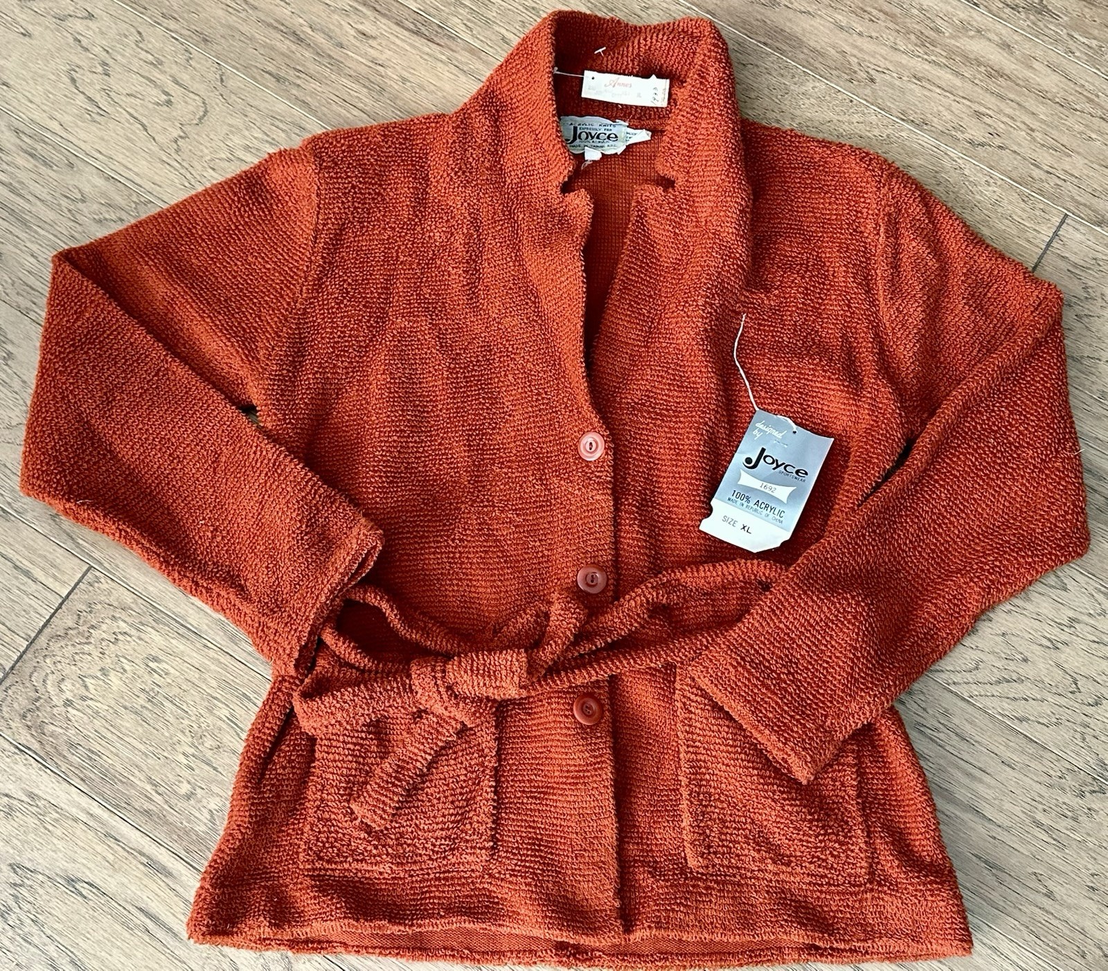 Vintage Joyce 100% Acrylic Womens Belted Cardigan Sweater Rust Burnt Orange NWT