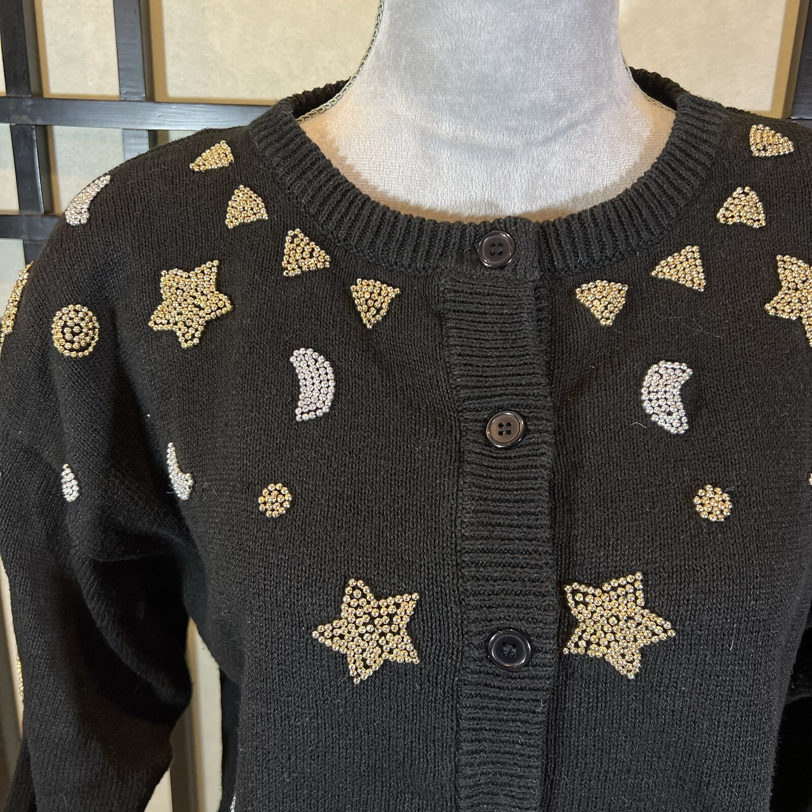 Vintage Eminent Black Sweater Cardigan Metallic Stars & Moons Womens Size M