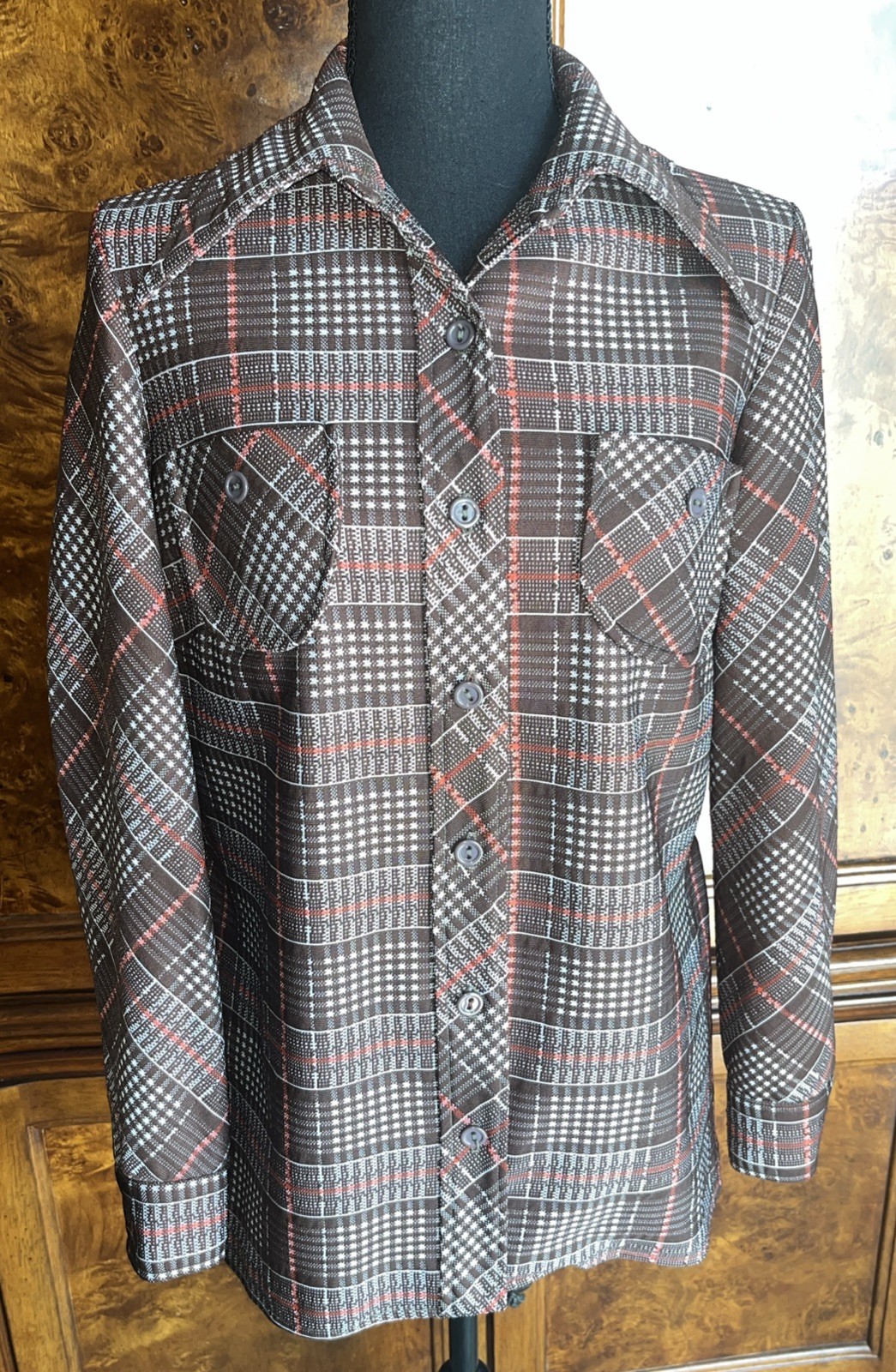 Vintage 70s Handmade Brown/Red Plaid Button Down Shirt Flare Collar Size M