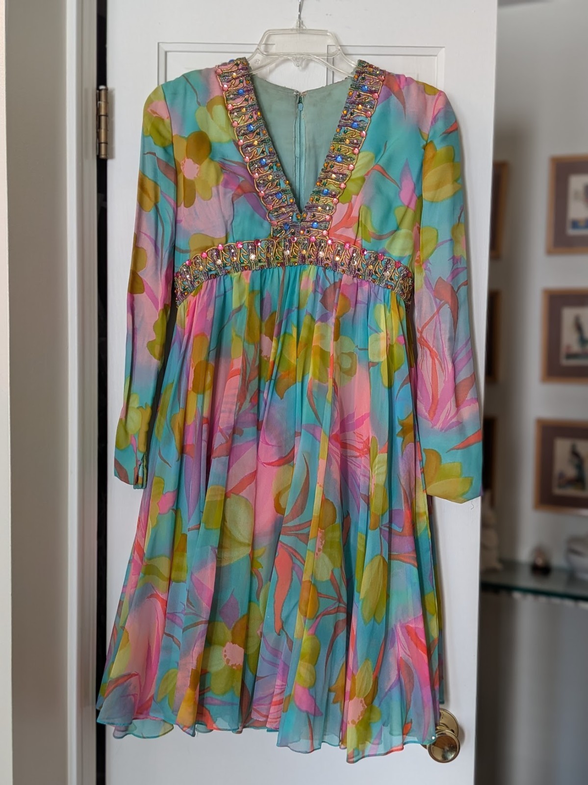 Vtg Jayna New York Beaded Psychedelic 60s Chiffon Dress ILGWU