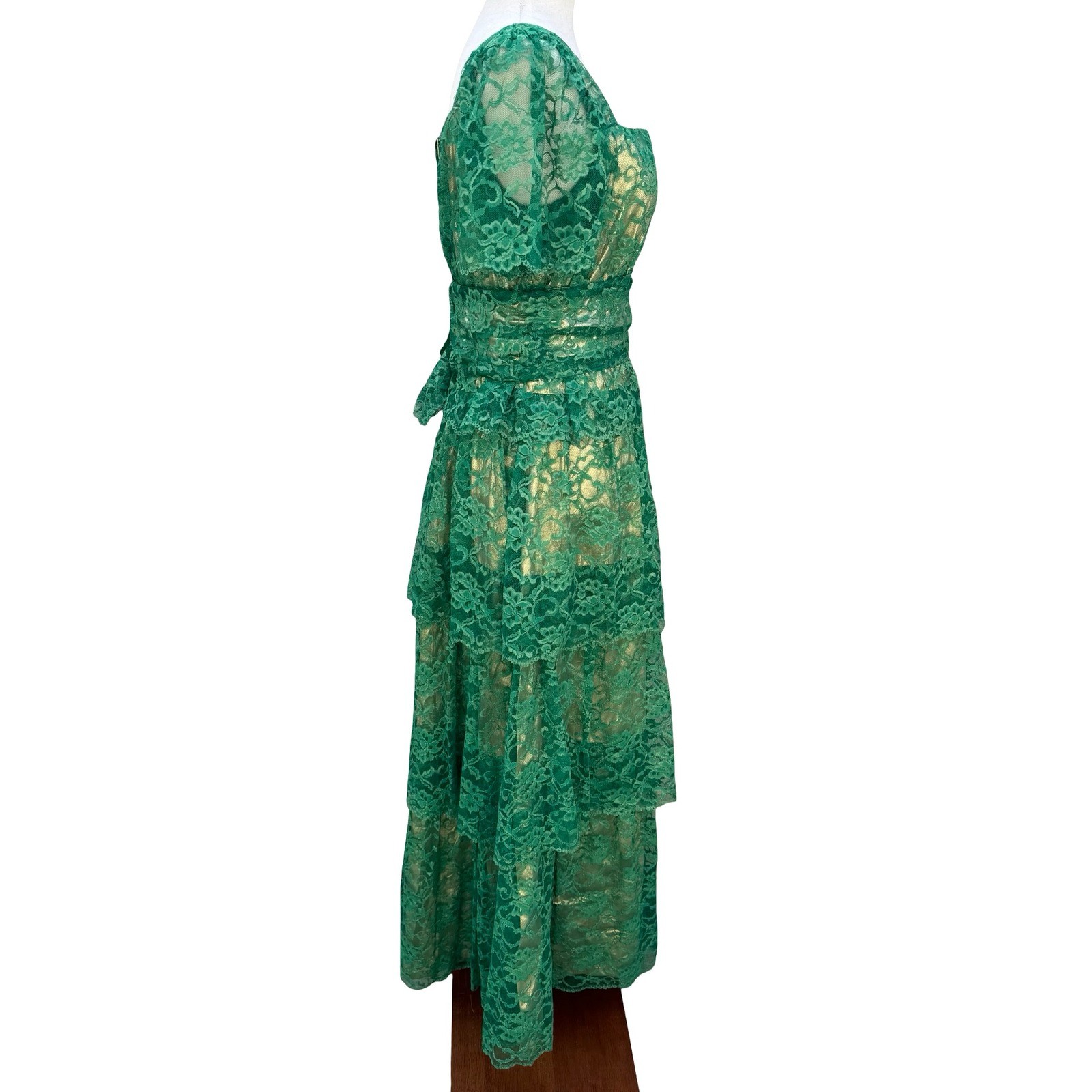 Vintage Green Floral Lace Gold Metallic Tiered Maxi Dress Square Neck Handmade