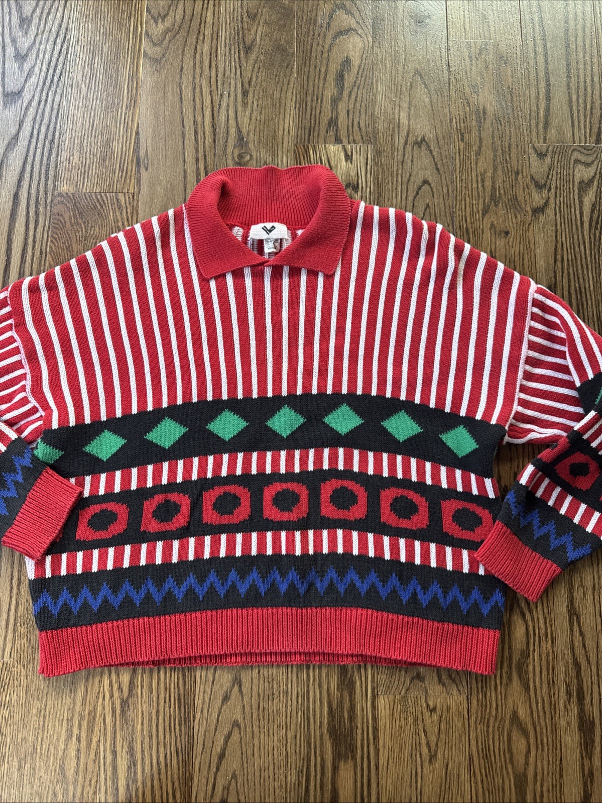 Vintage USA Knit Sweater Medium Red Striped Geometric 80’s 90’s Cotton