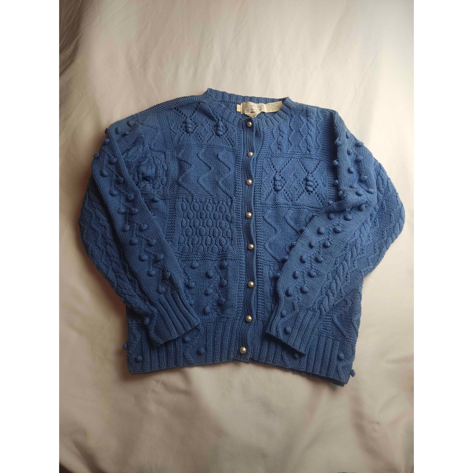 The Eagle’s Eye Vintage Blue Cotton Patchwork Cable Knit Womens Cardigan Large