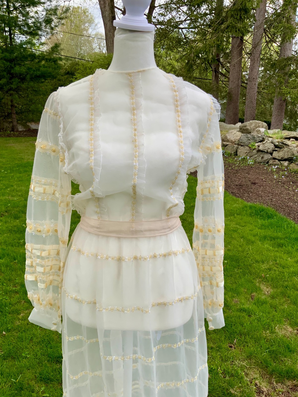 1970s Sheer Romantic Bridal Dress | Edwardian Revival Ivory with Ribbon