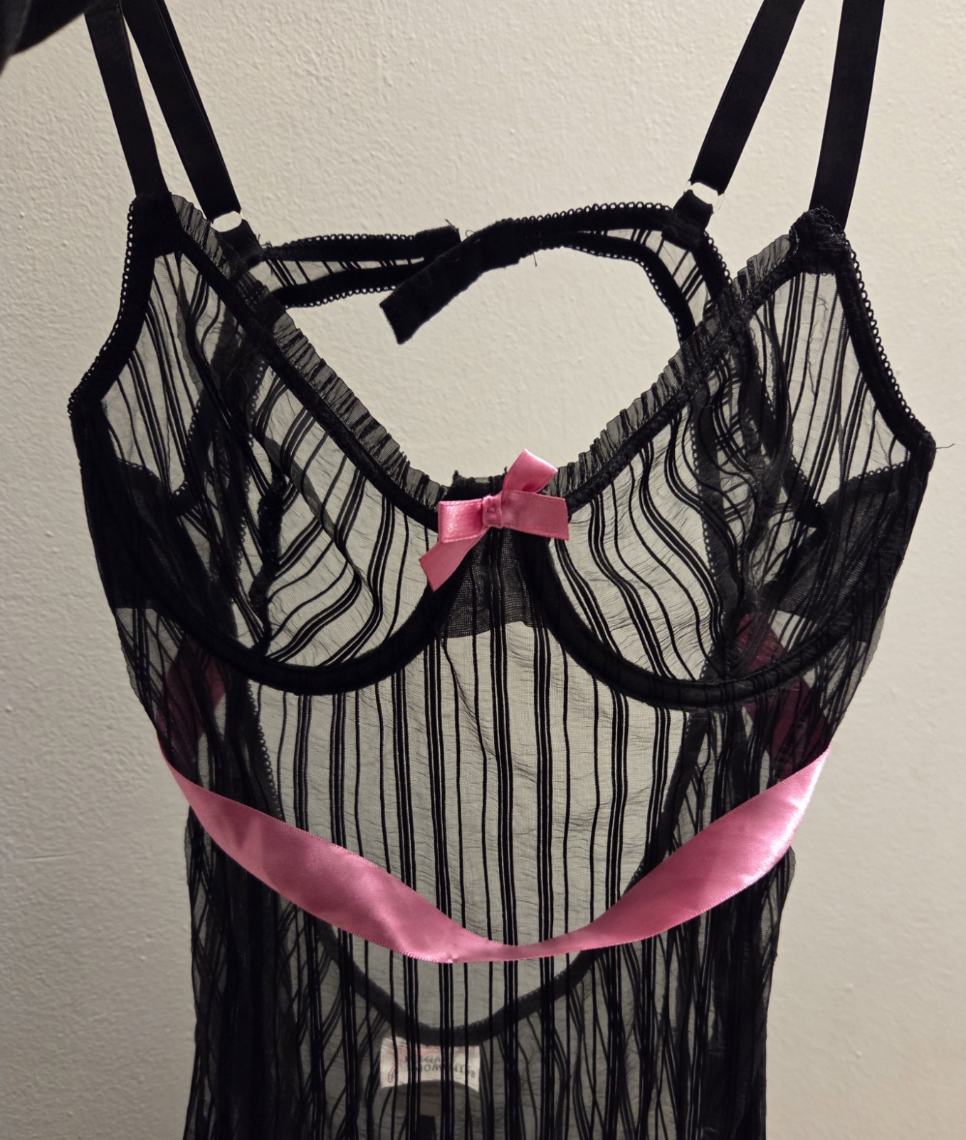 Vintage Y2K Elegant Moments Black Mesh Lingerie Pink Ribbon & Bow *Size L* EUC