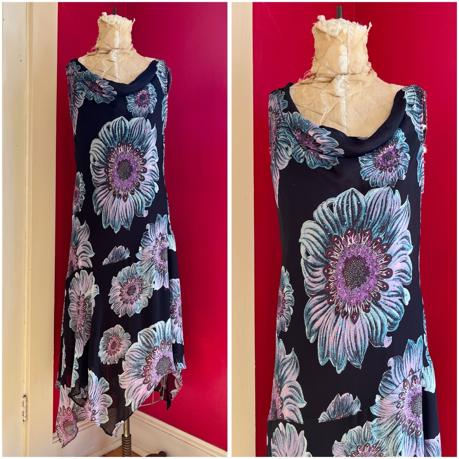 Vintage 1990s Black Chiffon Blue Purple Floral Print Grunge Cowl Neck Dress L