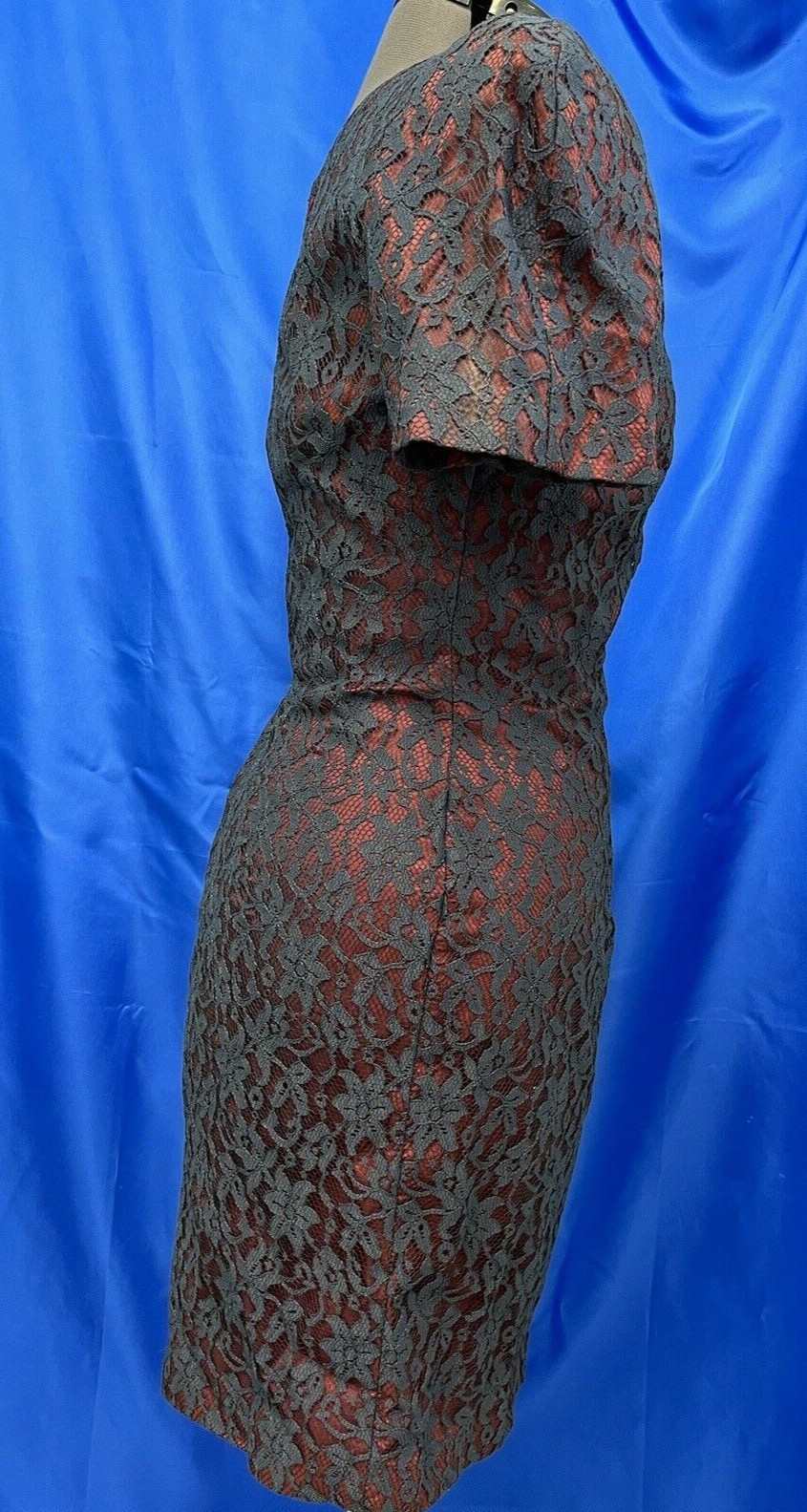 VINTAGE 70-80’s D.J.S. LTD DRESS NAVY FLORAL LACE BURGANDY LINED SHEATH SZ10