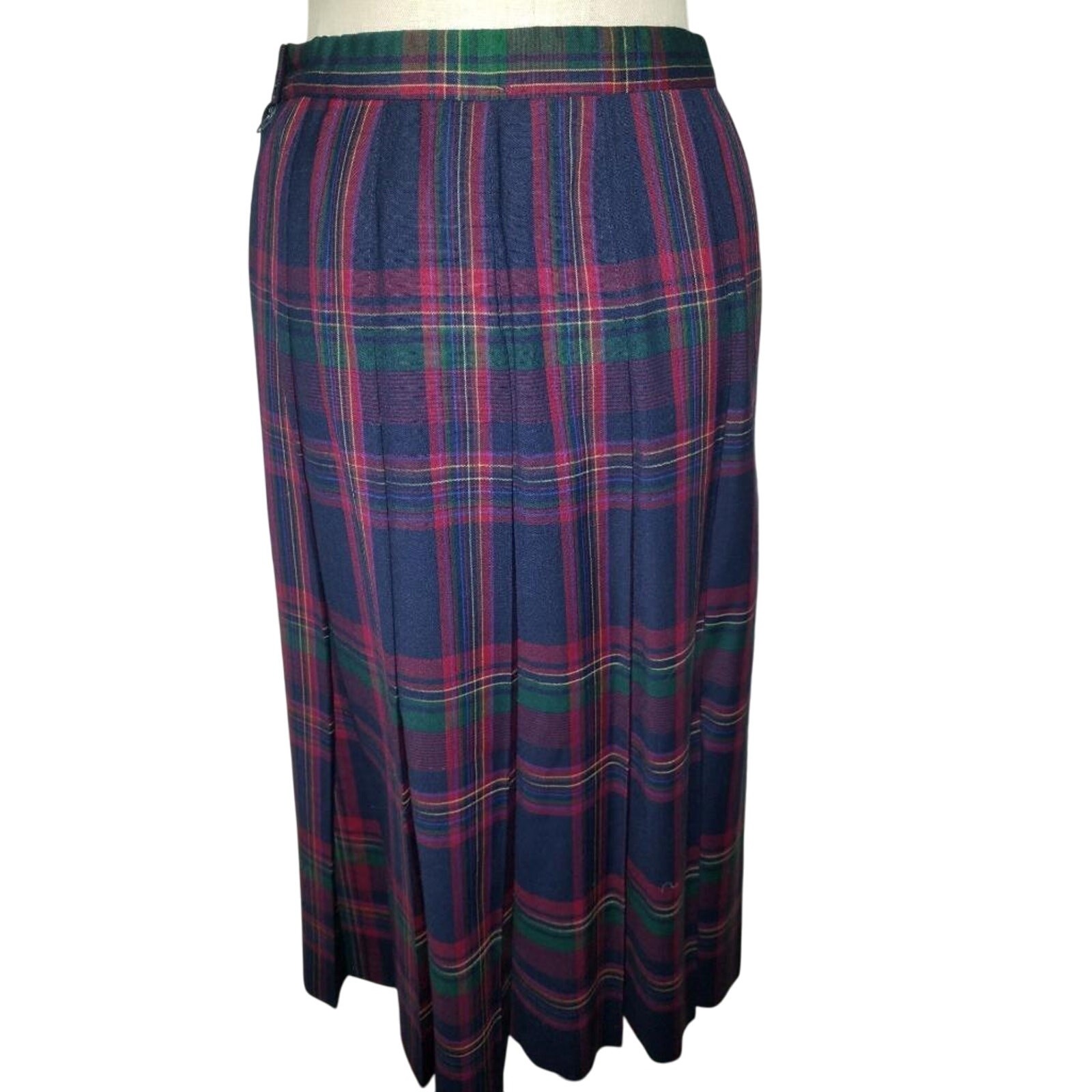 Pendleton 100% Wool Tartan Plaid Midi Skirt Drop Pleated Red Green Navy USA