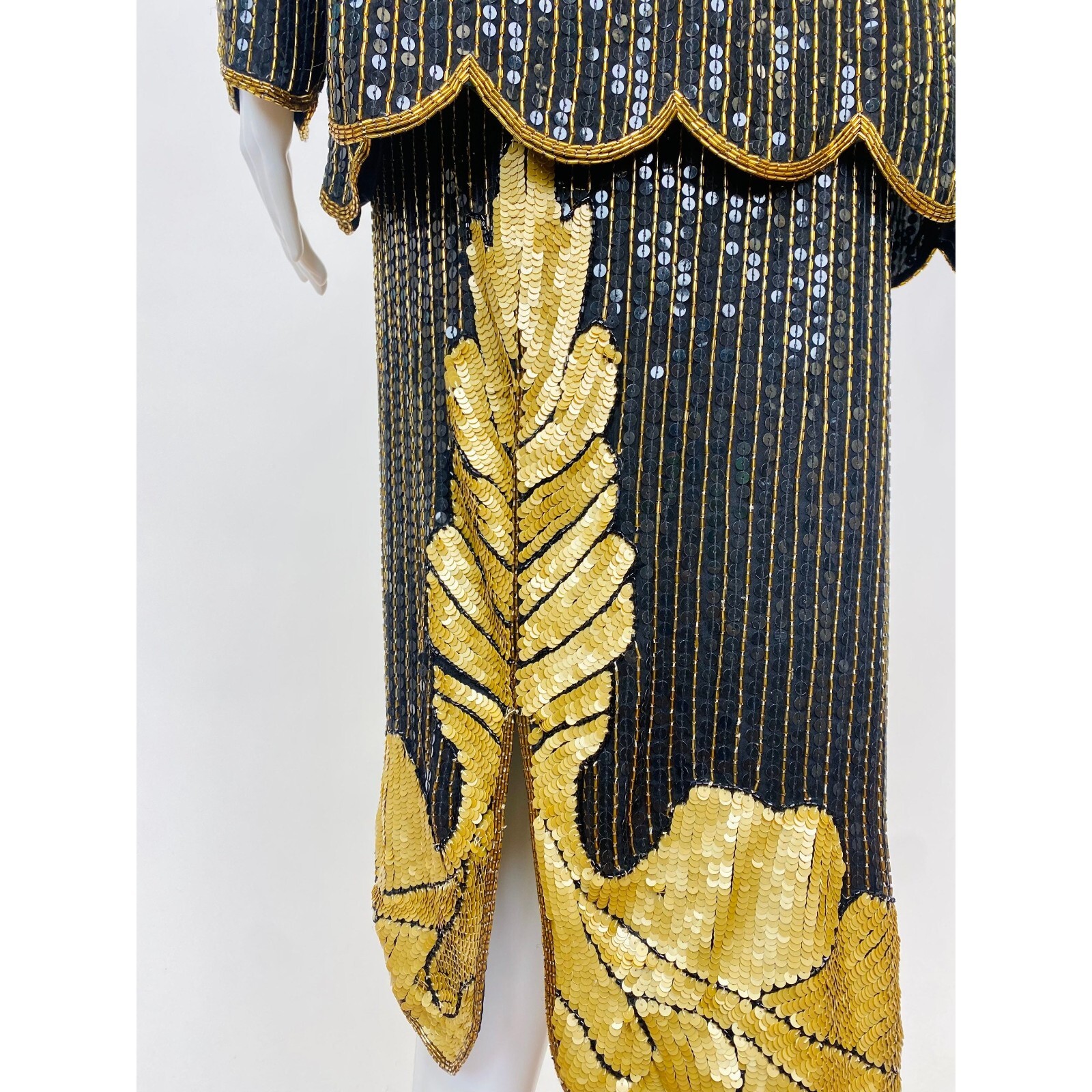 Vintage 1980s Does 1920s Sequins and Beaded Blouse and Skirt Set Gold and Black