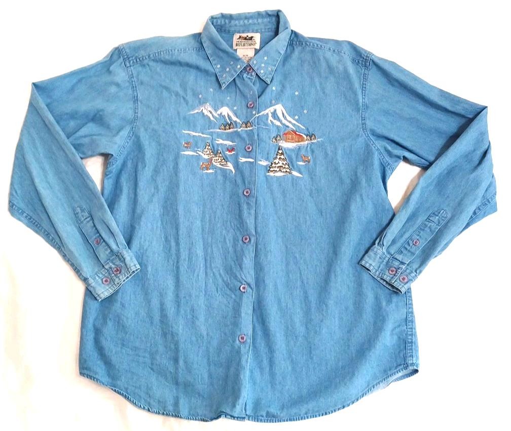 Northern Reflections VTG Denim Womens Shirt Sz M Mountain Snow Deer Cabin Winter