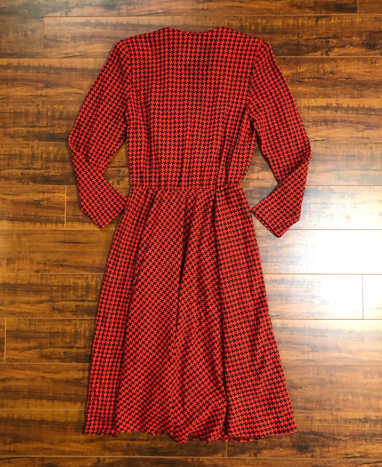 Vintage 90s MOD Retro Plunging Neck Black / Red Houndstooth Secretary Dress 12 L