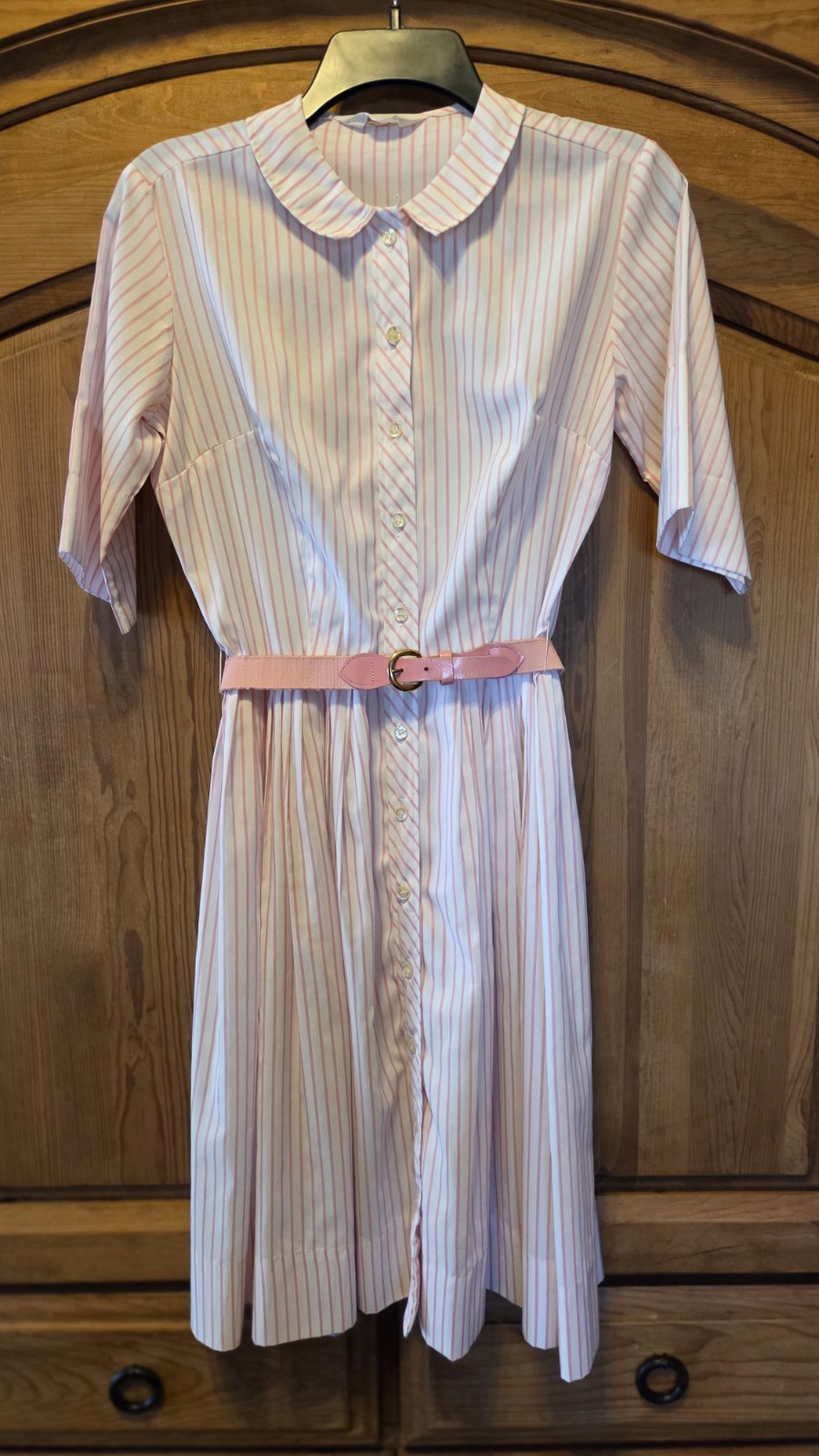 Vintage 1960s White & Pink Stripe Shirt Waist Housewife Day Dress ILGWU Tag