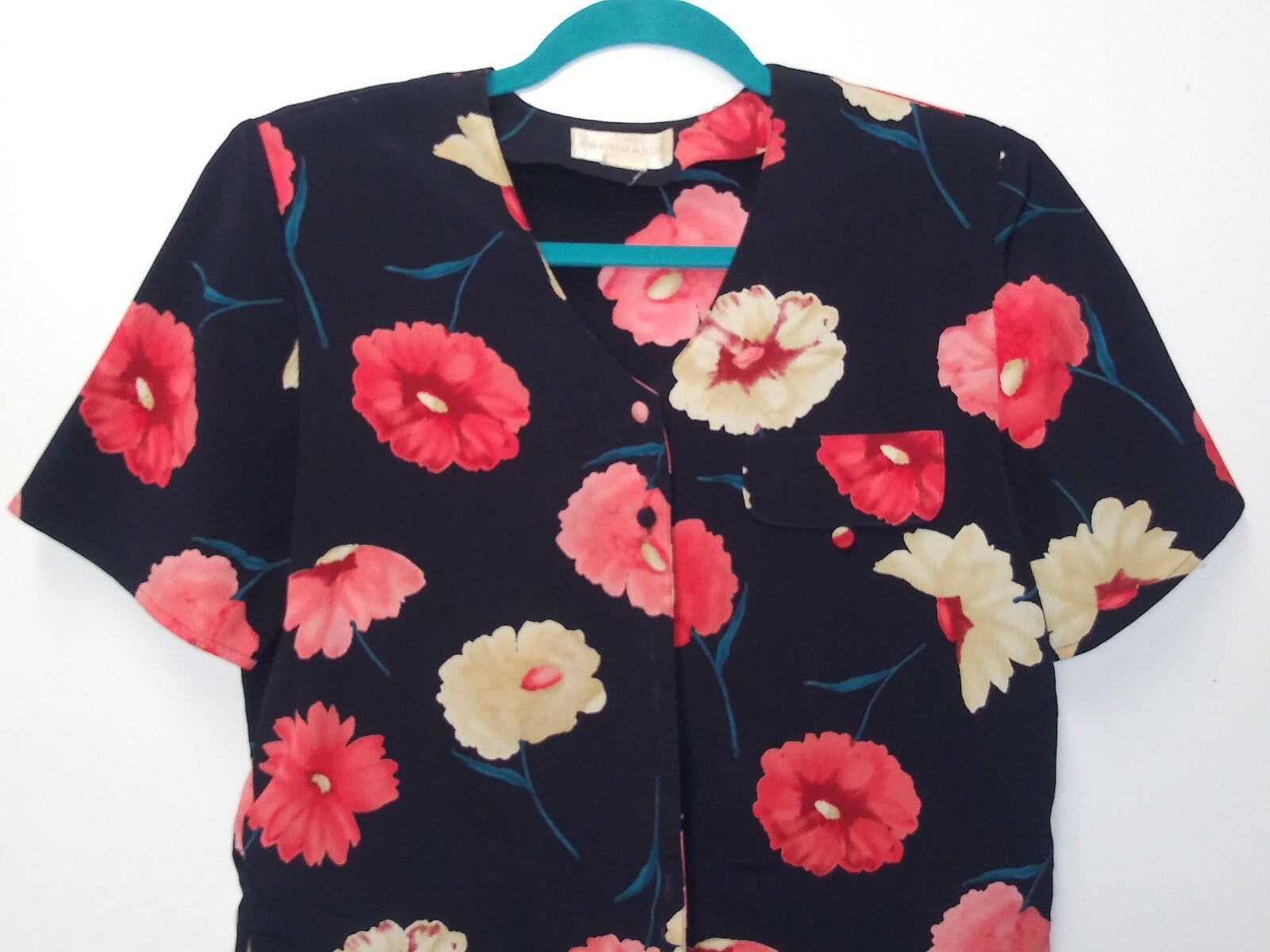 women’s floral Blouse/Top 80s-90s Vintage Christie & Jill Sz L black pink bright