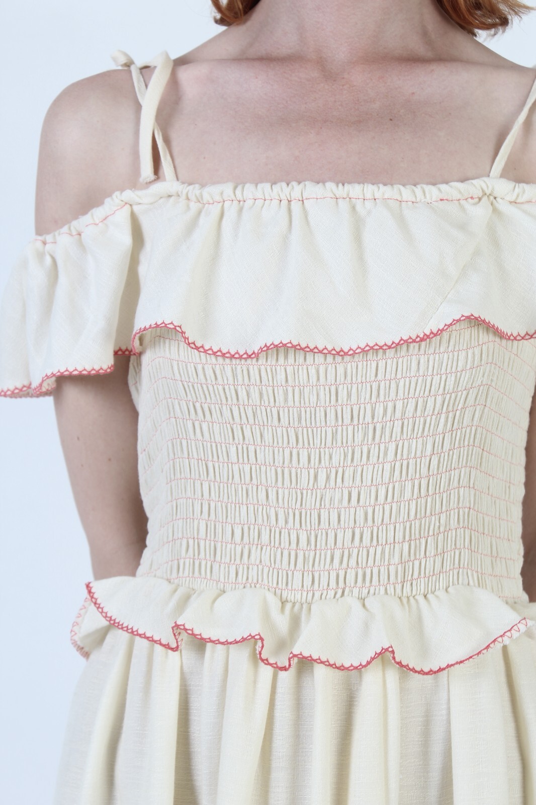 Vtg 70s Shoulder Tie Smocked Mini Dress Ruffle Capelet Unicolor Boho Sundress