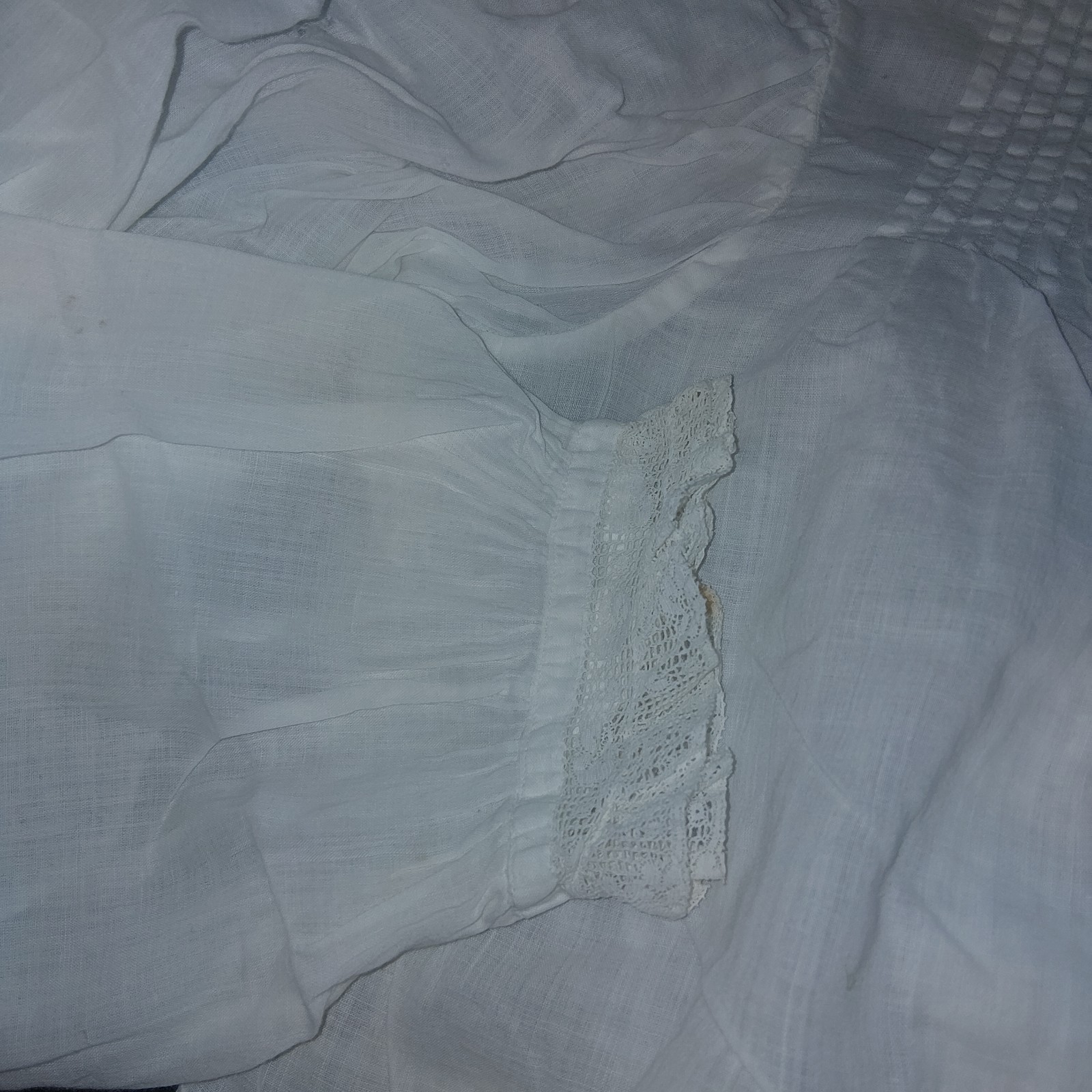 Antique White Victorian Lace Pintuck Blouse High Neck Button Back