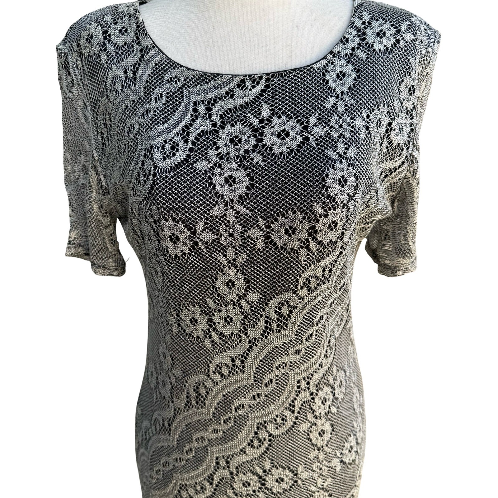 BFA Vintage 90s Flapper Great Gatsby Art Silver Floral Lace Fringe Midi Dress 10