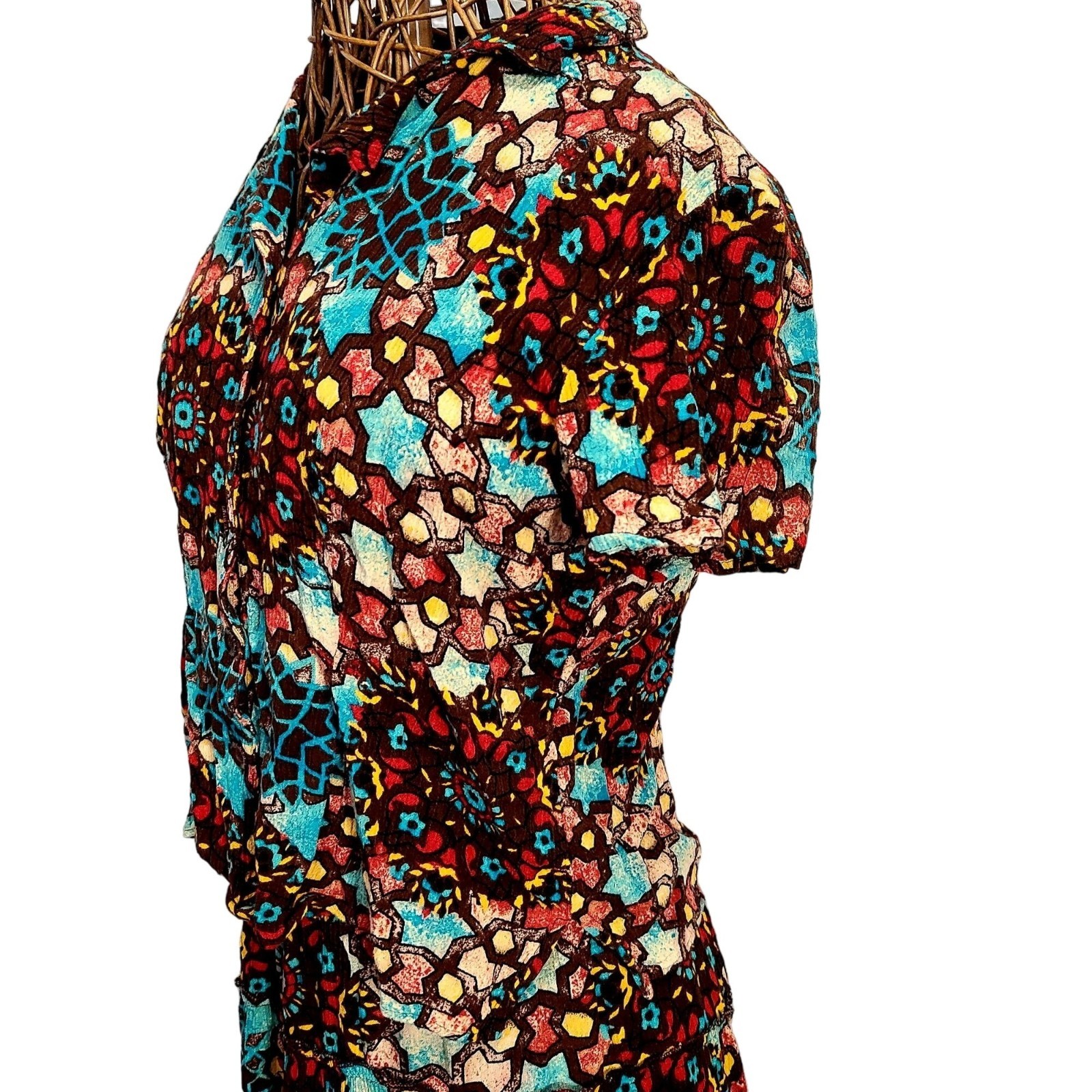 Vintage 90s Colorful Boho Set Women Medium Button Top Shirt Midi Skirt 8 10 Star