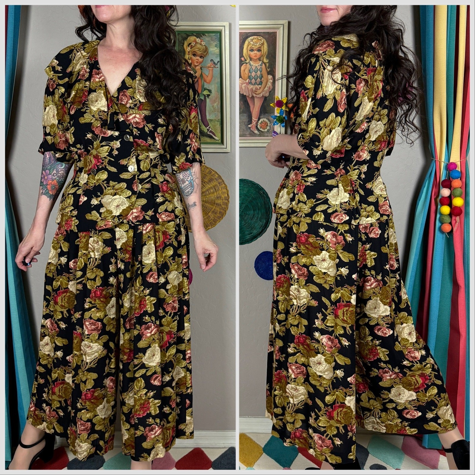 Vintage 1980s Floral 2-Piece Set Ruffle Top & Wide Leg Palazzo Pants | 27″ Waist