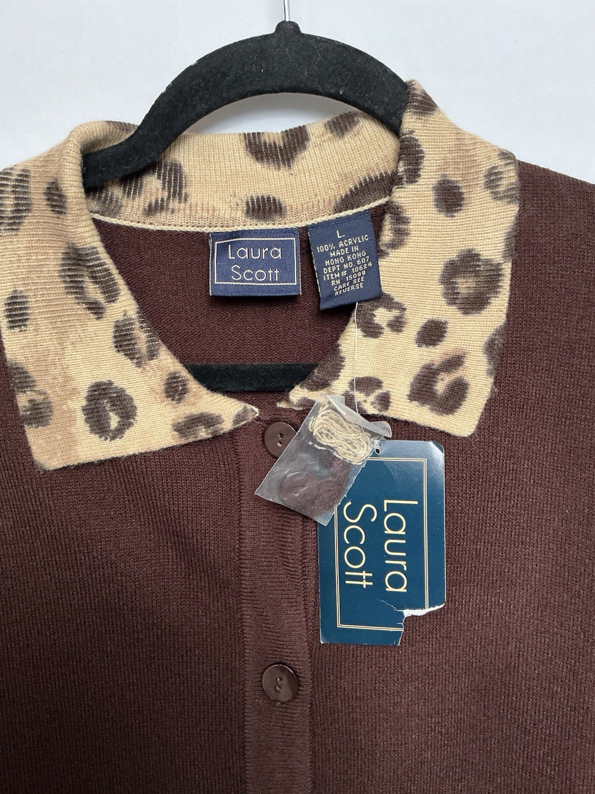 Y2K Sweater Cardigan Women’s Large NWT Brown Leopard Collar Rare Long