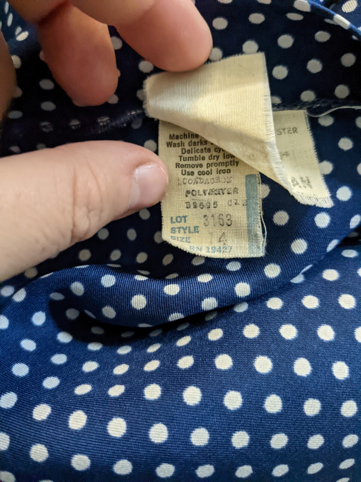 VTG 1970s Lee Mar Necktie Button Blouse Shirt Blue Polka Dot Sears Sz 14 Large L