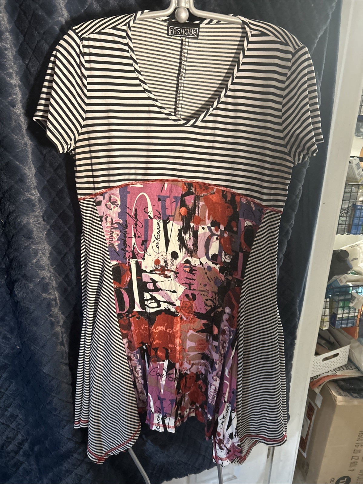 Vintage Mixed Media Funky Woman’s Black & White strip 80’s Style Fashque Dress