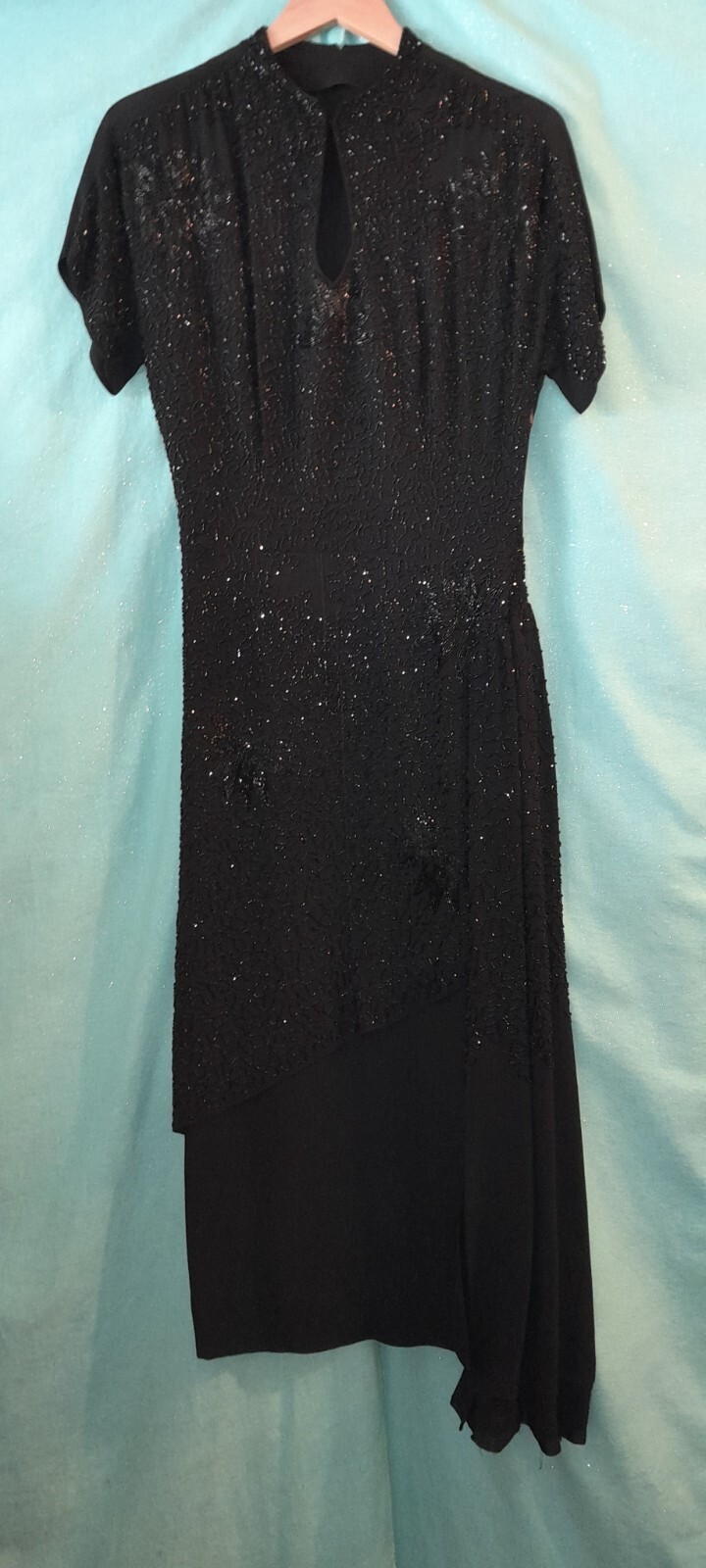 Vtg 1940s Rayon Crepe ENCRUSTED Beaded Black Evening Cocktail Long Sash Dress M