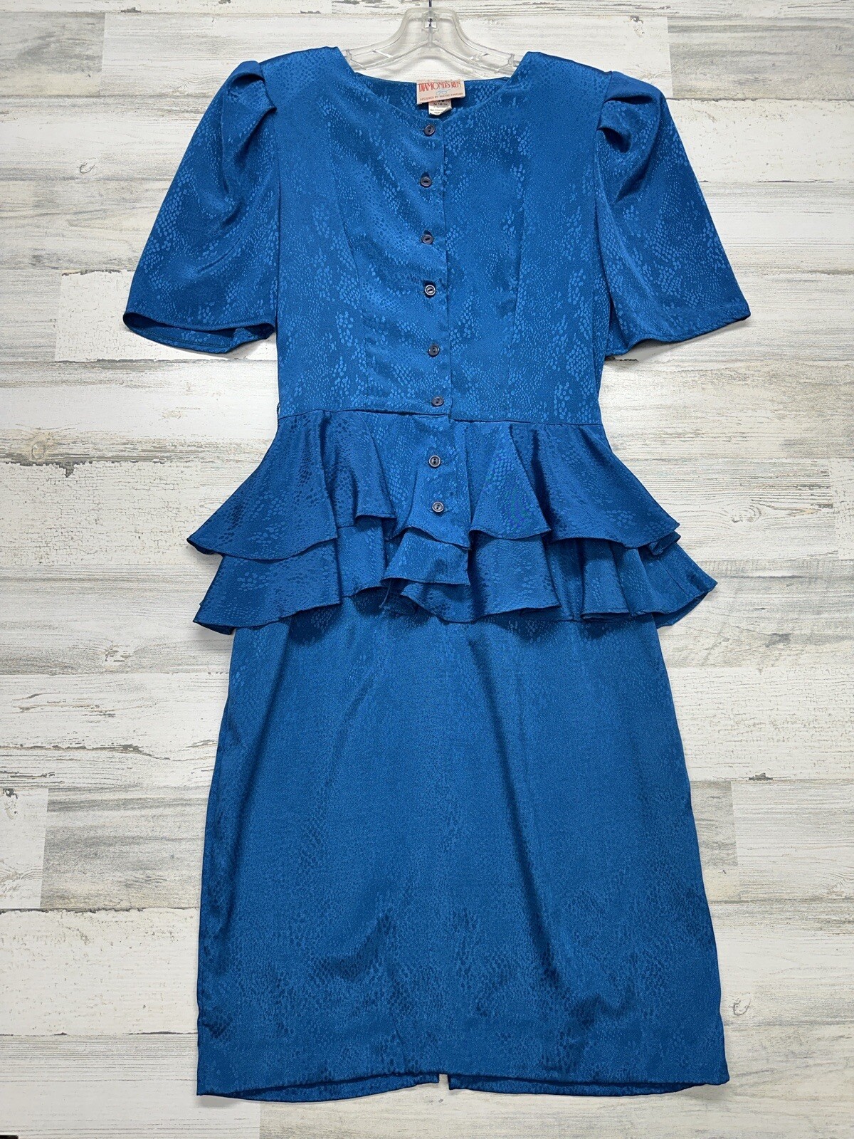 Vintage Dress Diamond’s Run Wayne Size Small 7/8 Peacock Blue Peplum 1980s