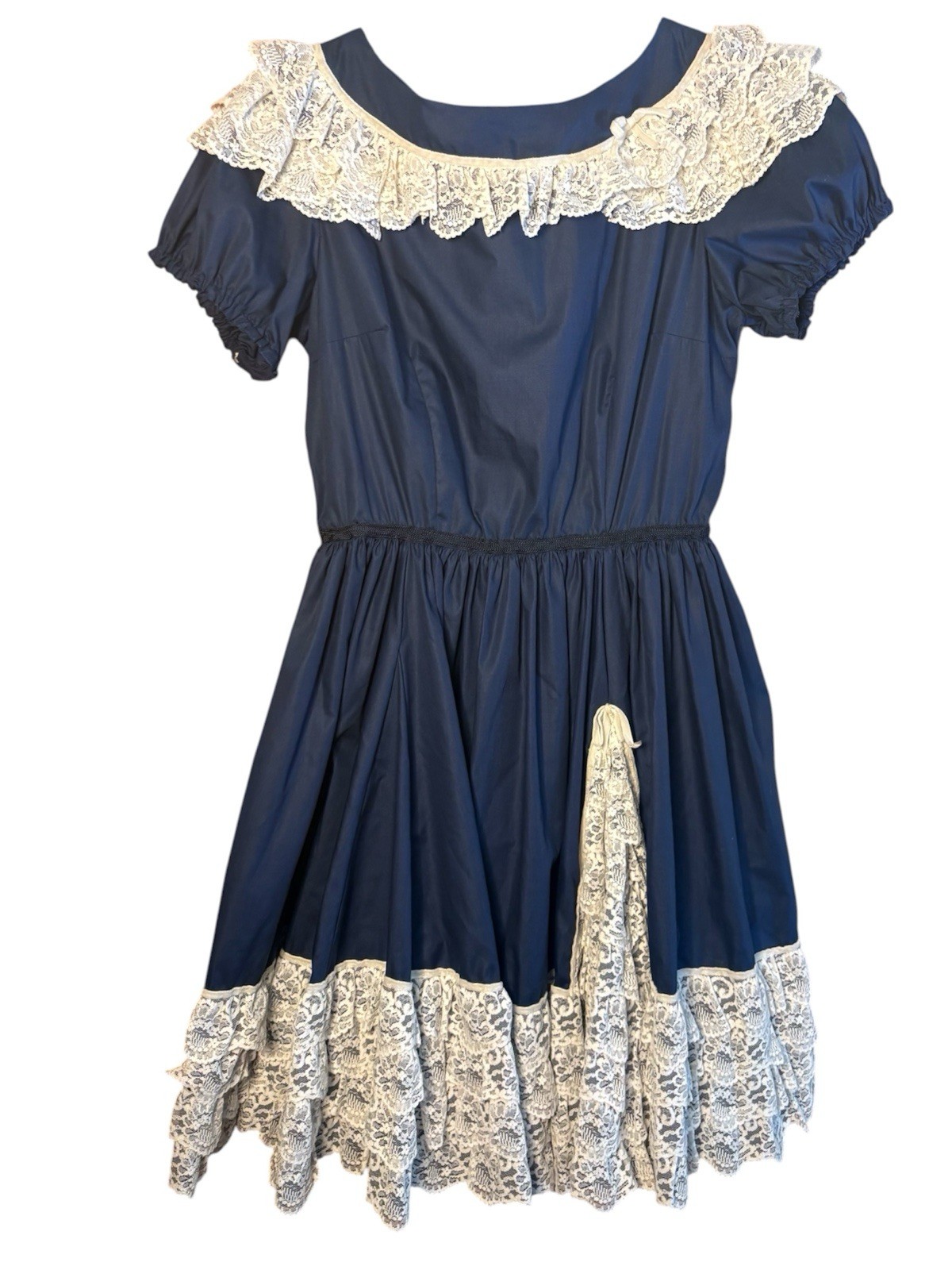 VTG blue White Lace square dancing dress Ruffles Tiered XS/S EUC HAND SEWN