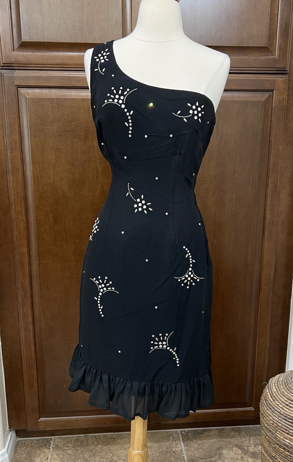 1950’s Lilli Diamond Black Cocktail Dress Rhinestones One Shoulder Ruffled Hem