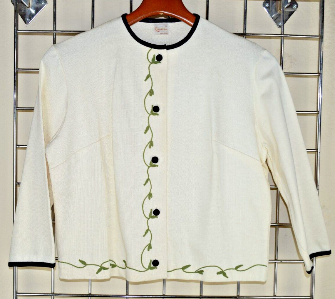 Vintage Jacket Jantzen Size M 70s Ivory Black Trim Leafy Green Embroidered Knit