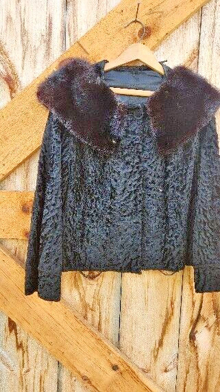 Vintage Persian Lamb Ladies Jacket w Mink Collar, Black, Moderate Wear