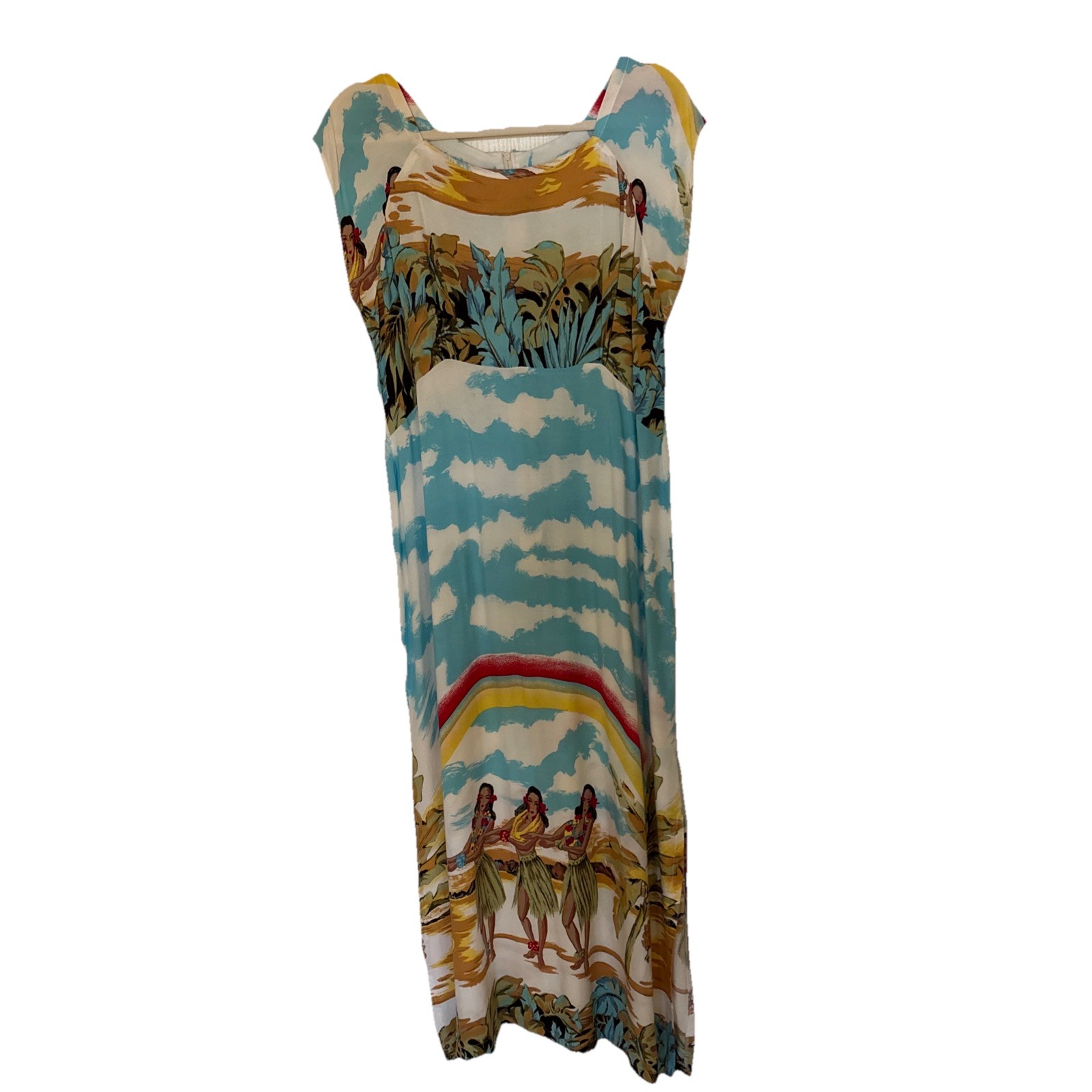 vintage hawaiian Women’s Long Dress Hula Dancers Gorgeous Rainbow 🌈 No Size Tag