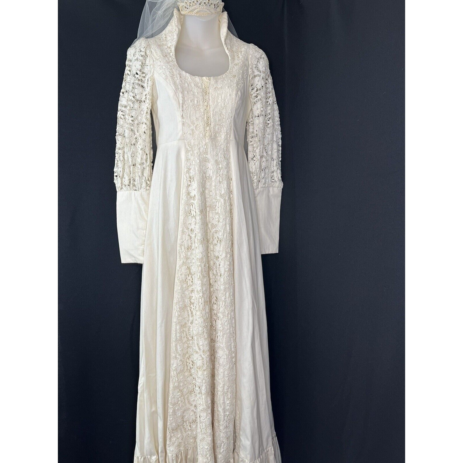 Vintage Boho Gunne Sax Bridal Wedding Cottage Core Maxi Ecru Dress Sz Small Veil