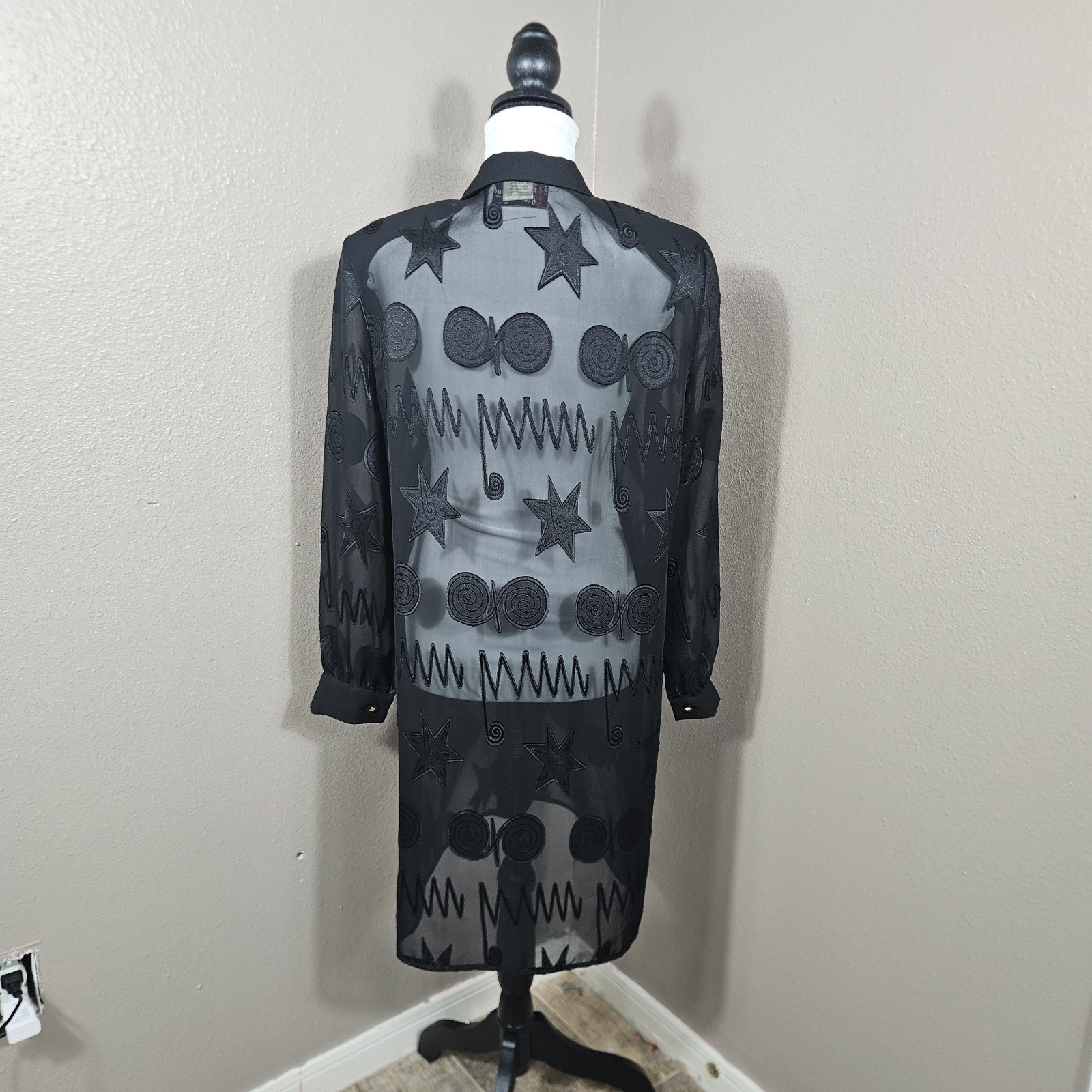 Whimsigoth Sheer Black Lagenlook Top L Embroidered Art Deco Vtg 90s Art To Wear