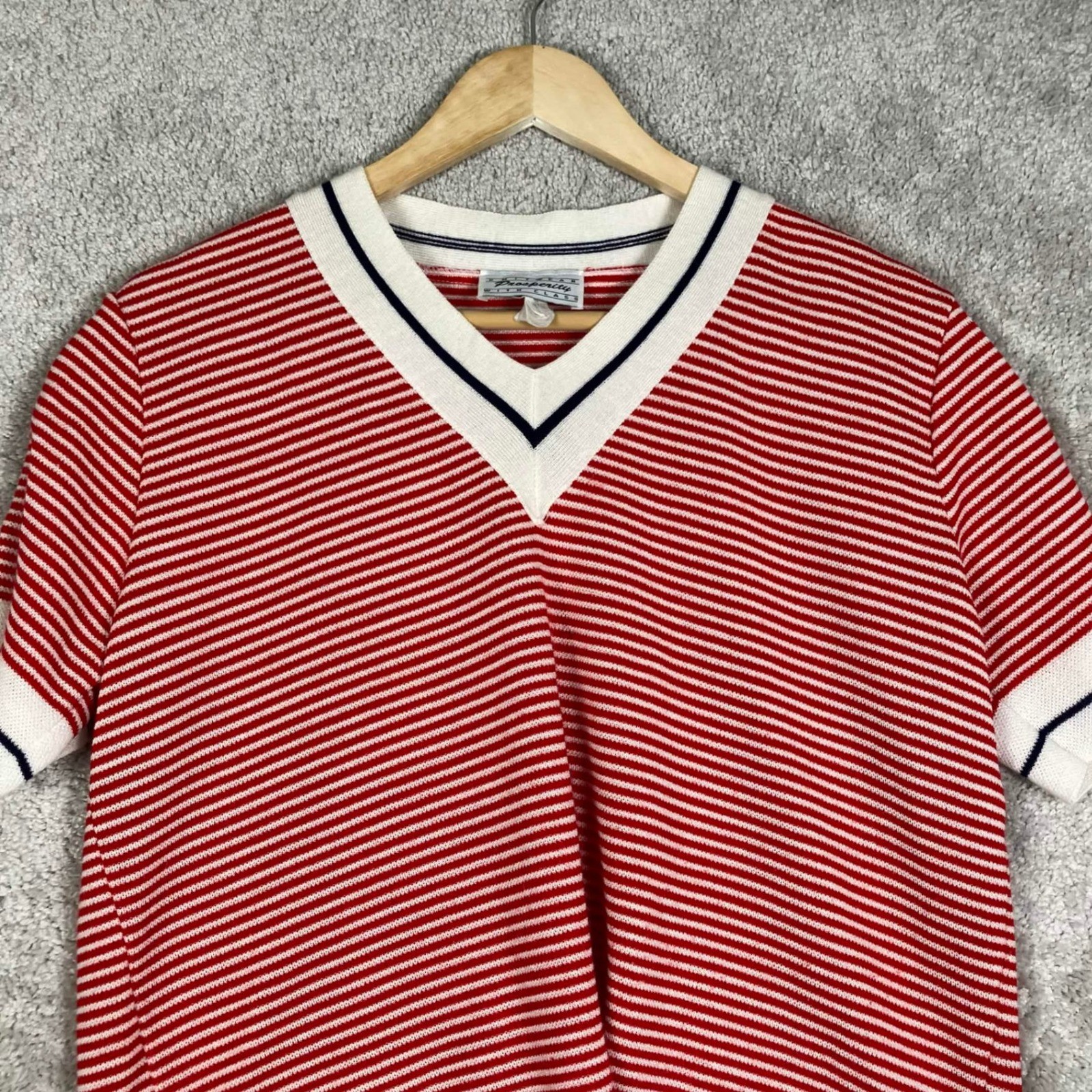 Vintage 80s Knit V-Neck Nautical Red White Striped Short Sleeve Sweater Retro