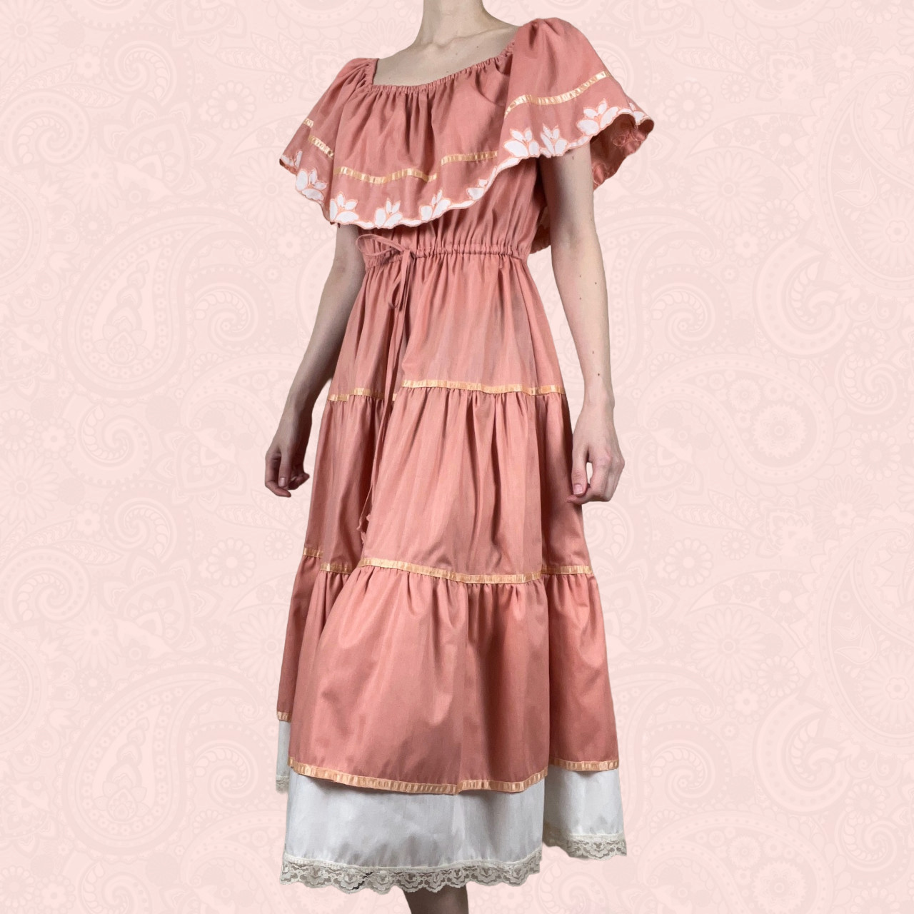 Vintage 70s Young Edwardian Arpeja Pink Off Shoulder Lace Midi Peasant Dress XS