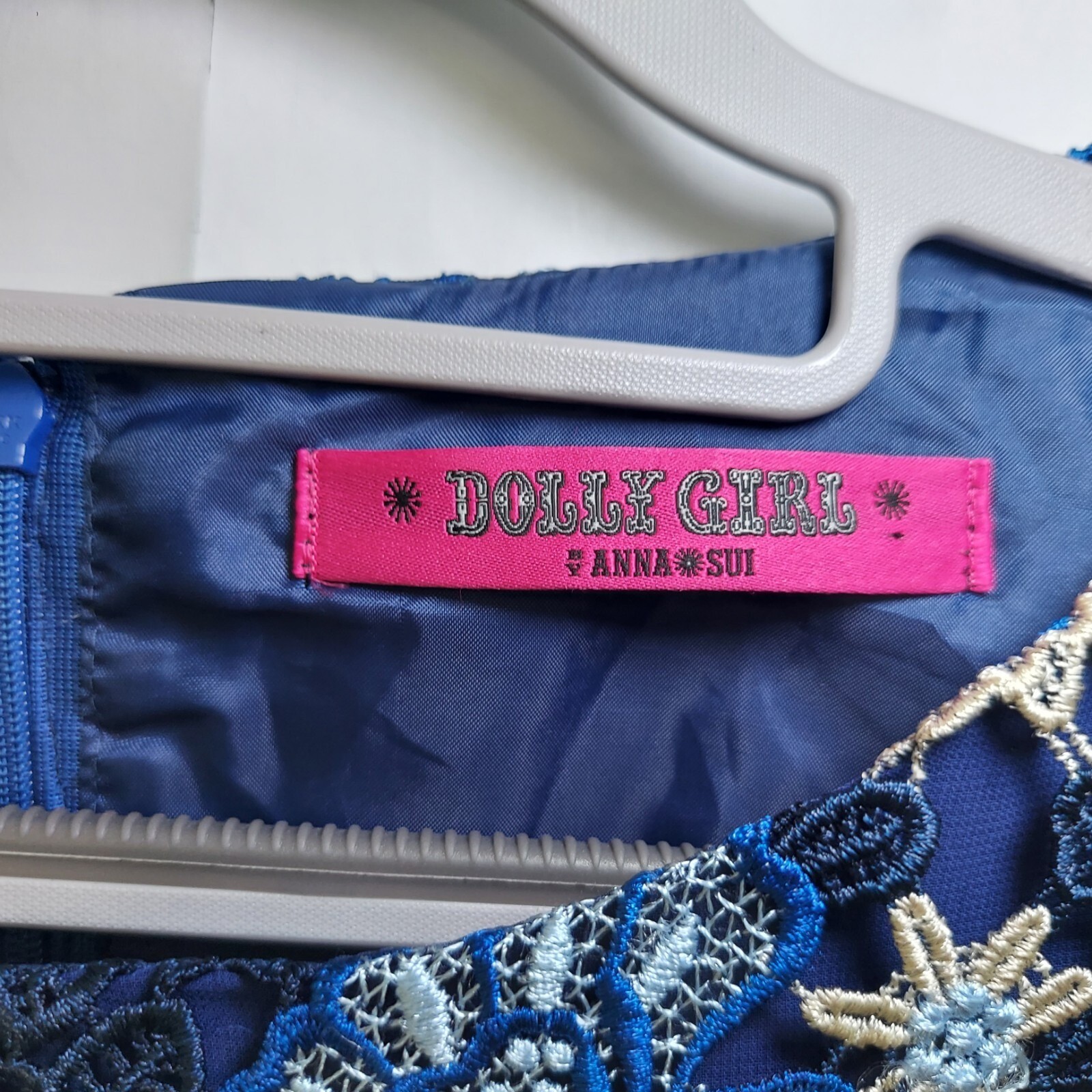 Dolly Girl by Anna Sui Dress 2 Blue Retro Floral Embroidery Guipure Short Sleeve
